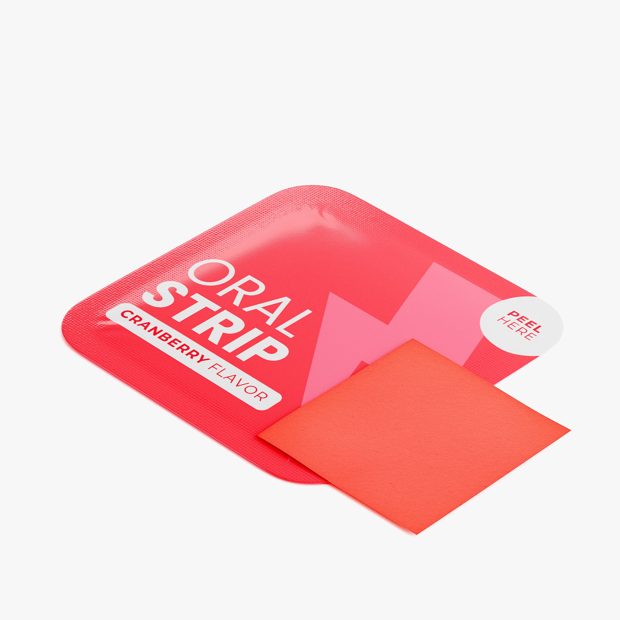 Red oral strip packaging with 'Cranberry Flavor' text and a red strip on a white background