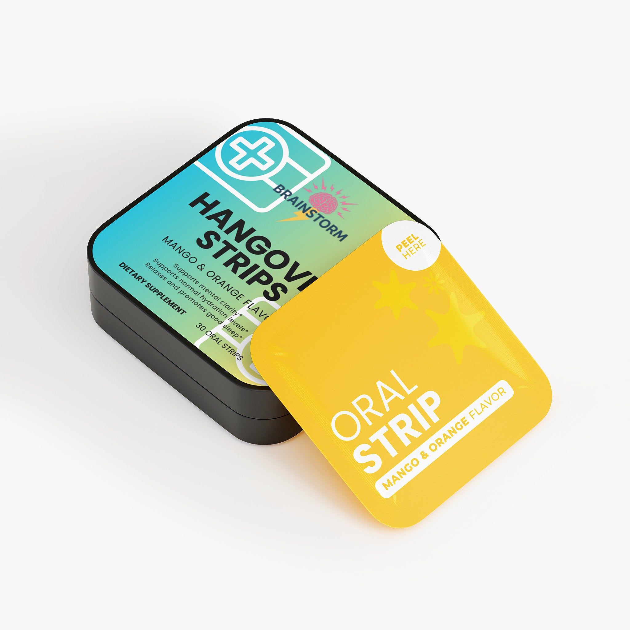 Packaging of Brainstorm Nootropics Hangover Strips with a yellow strip on a white background