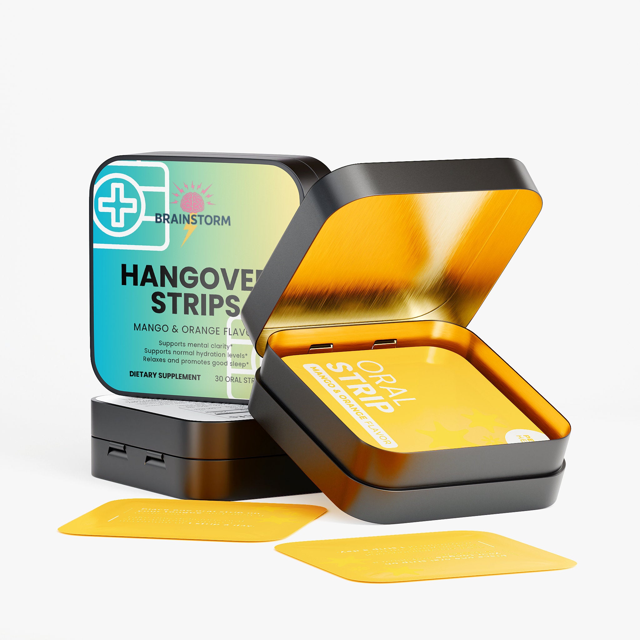 Open tin containing 'Hangover Strips' with visible Brainstorm branding and yellow mango and orange flavor oral strips on a white background