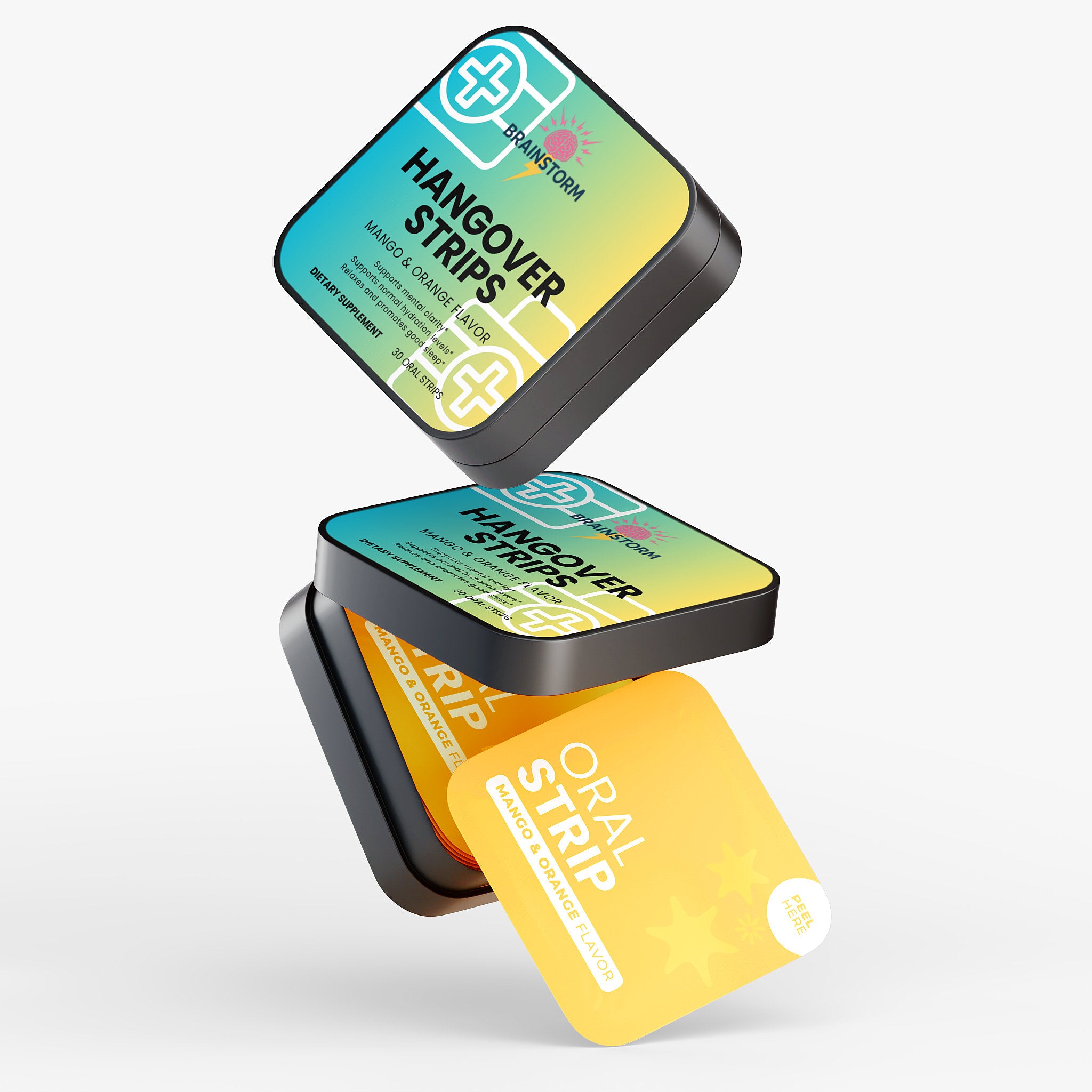 Two containers of 'Hangover Strips' with a yellow Mango and Orange flavor Oral strip on a white background