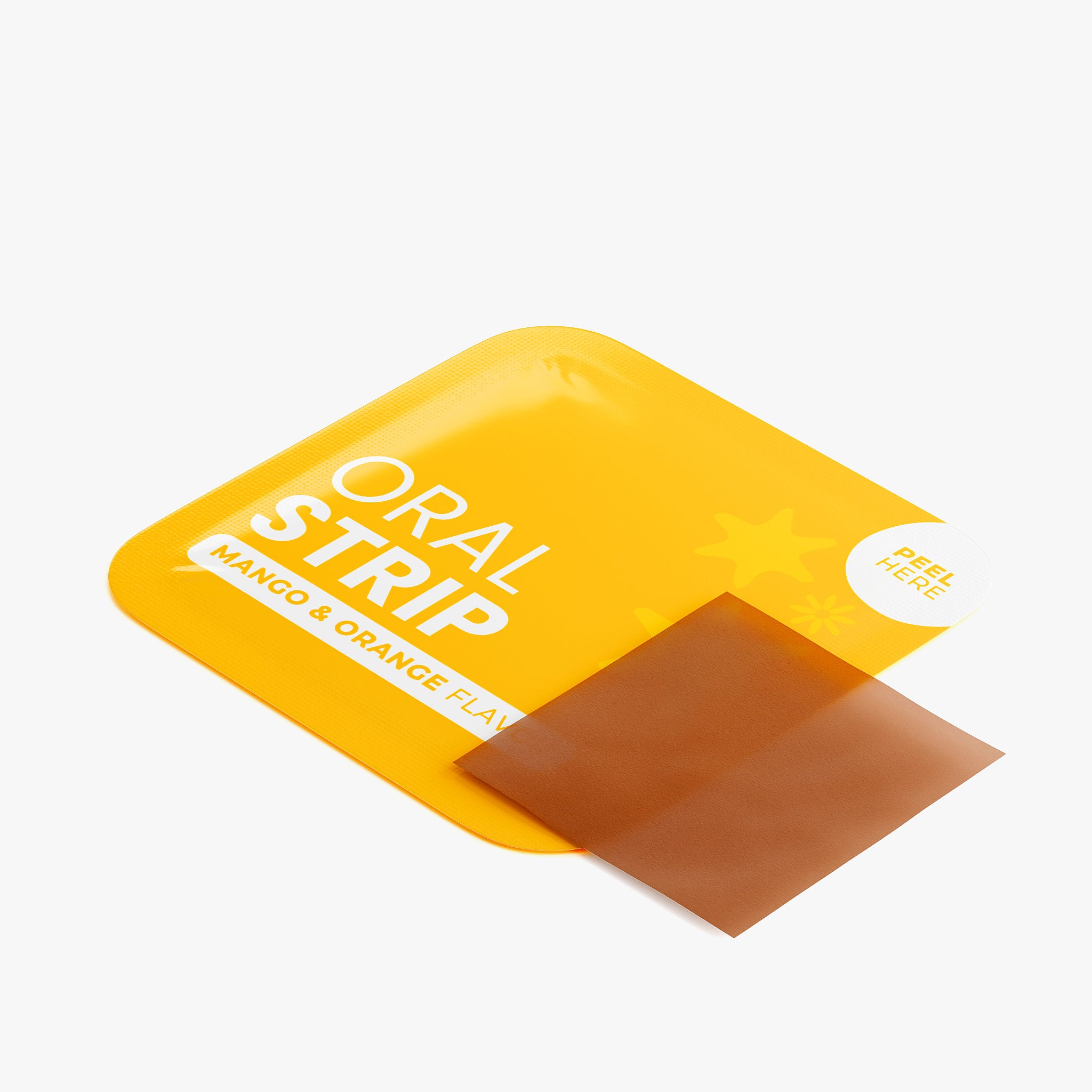 Yellow packaging of an mango and orange flavor oral strip with a brown strip inside on a white background