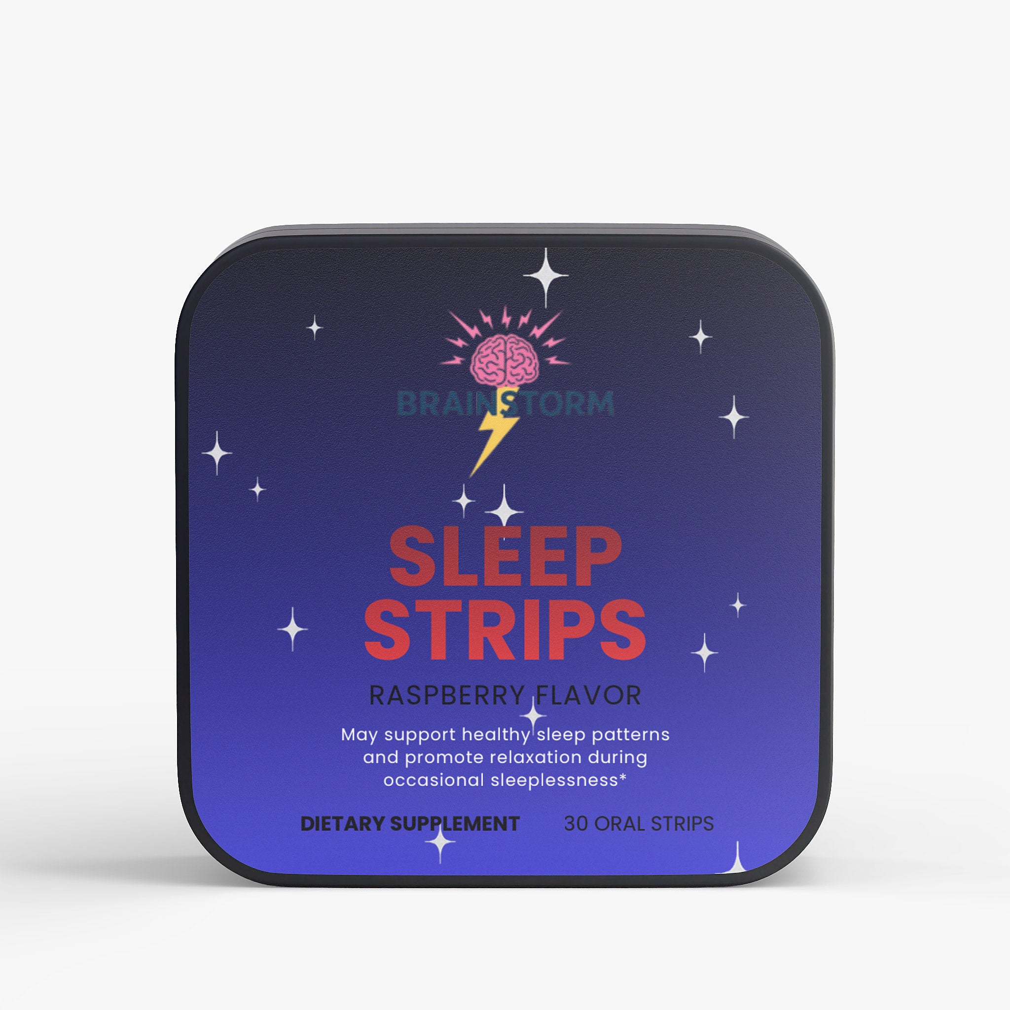 Packaging of Sleep Strips dietary supplement with brainstorm design with 'may support healthy sleep paterns amd promote relaxation during occasional sleeplessness' on a white background