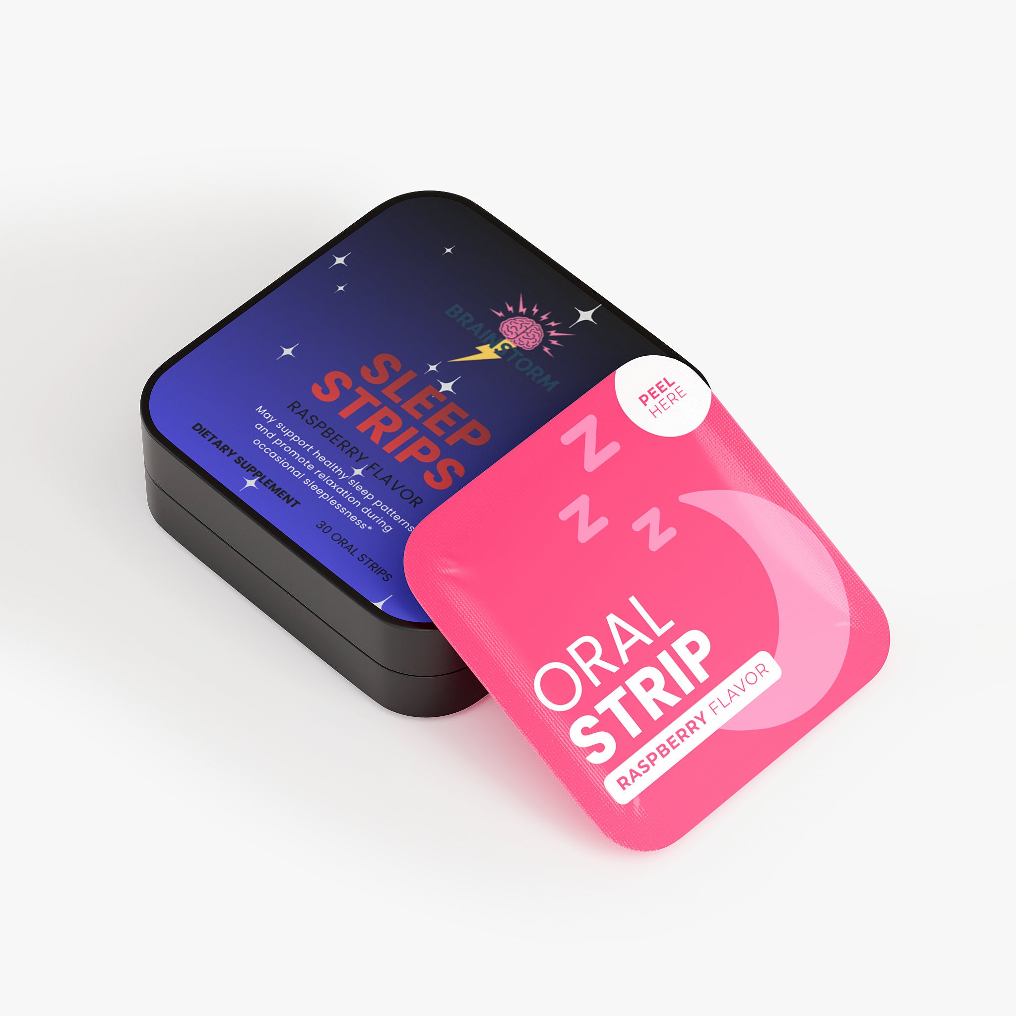 Sleep strips packaging with a pink raspberry flavor strip and blue starry night label on a white background