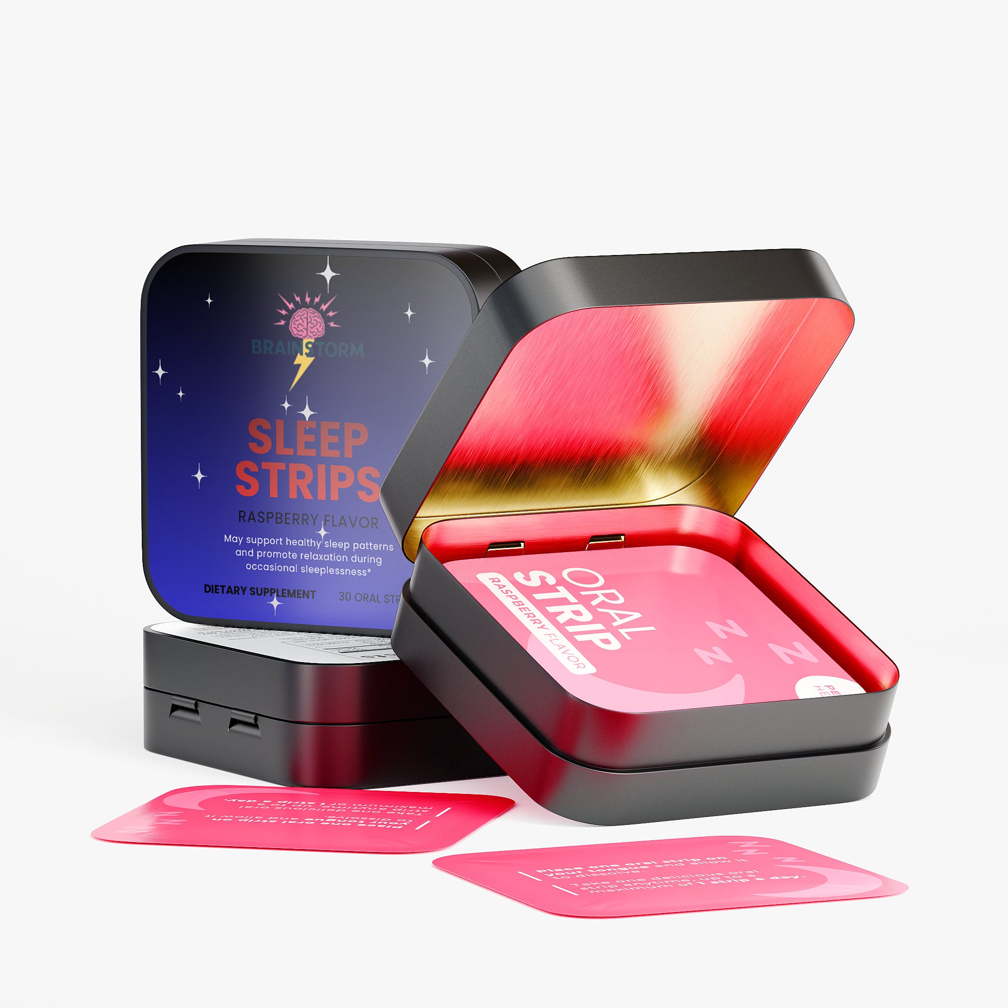 Sleep Strips packaging with pink strips on a white background