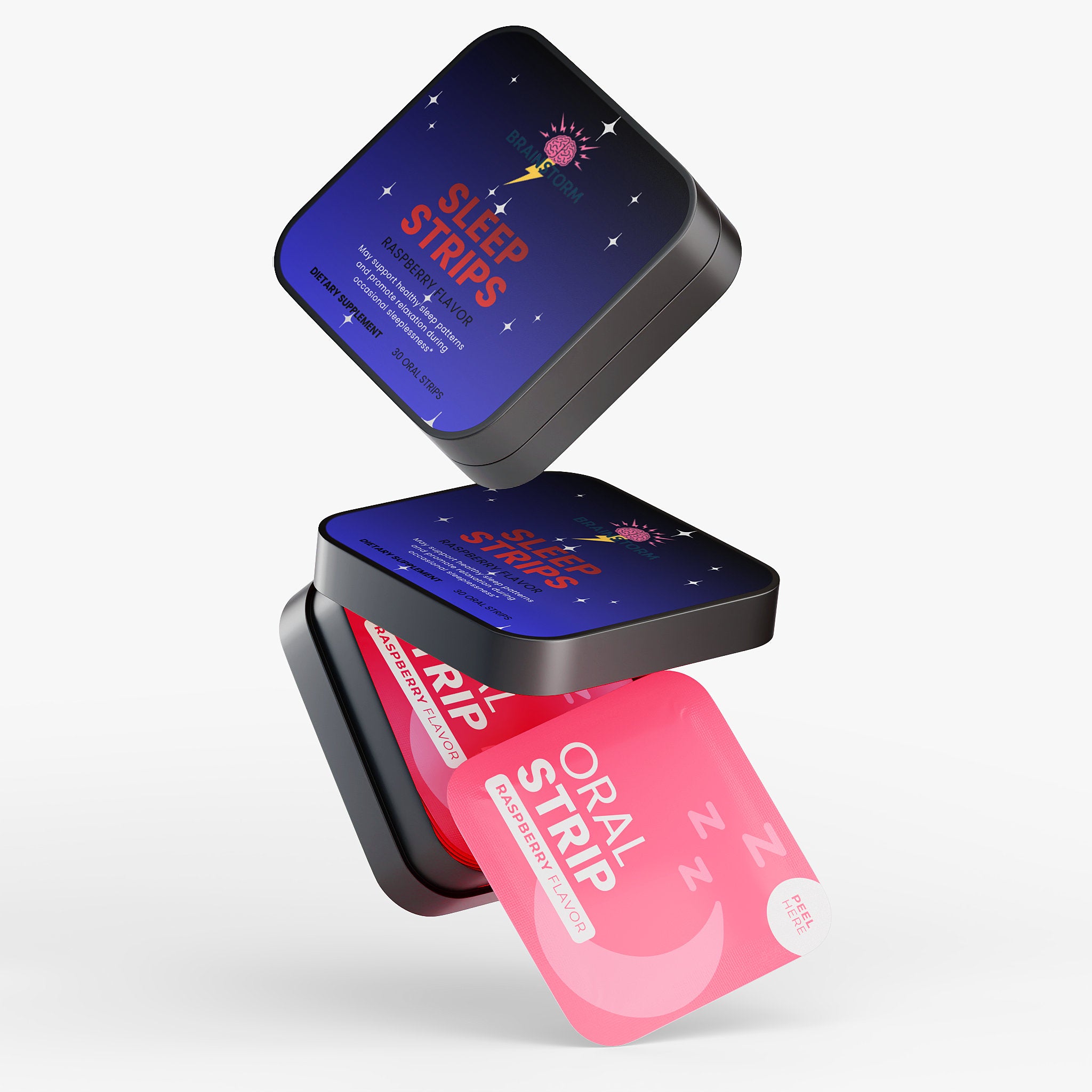 Sleep strips packaging with a pink strip and blue starry night lid on a white background