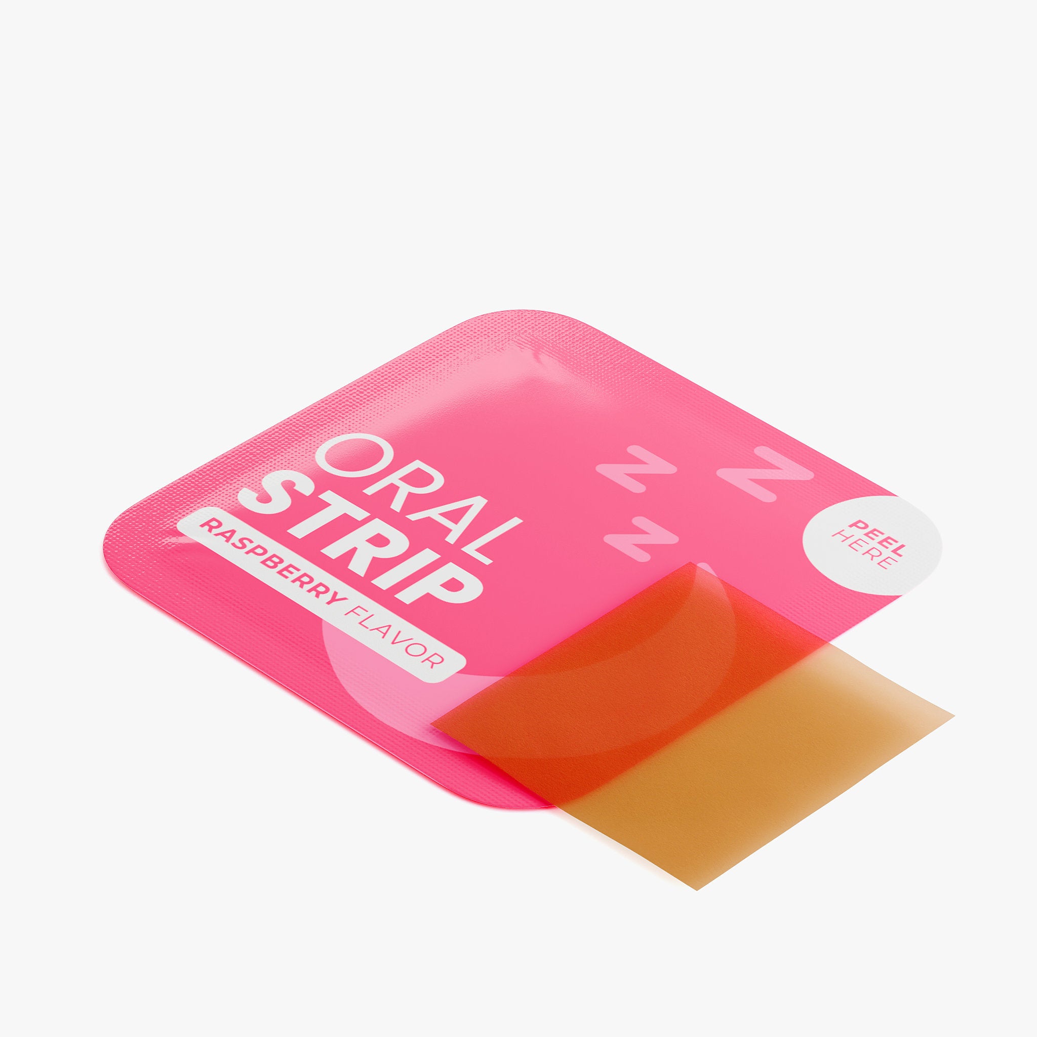 Pink packaging of an oral sleep strip with a red strip inside on a white background