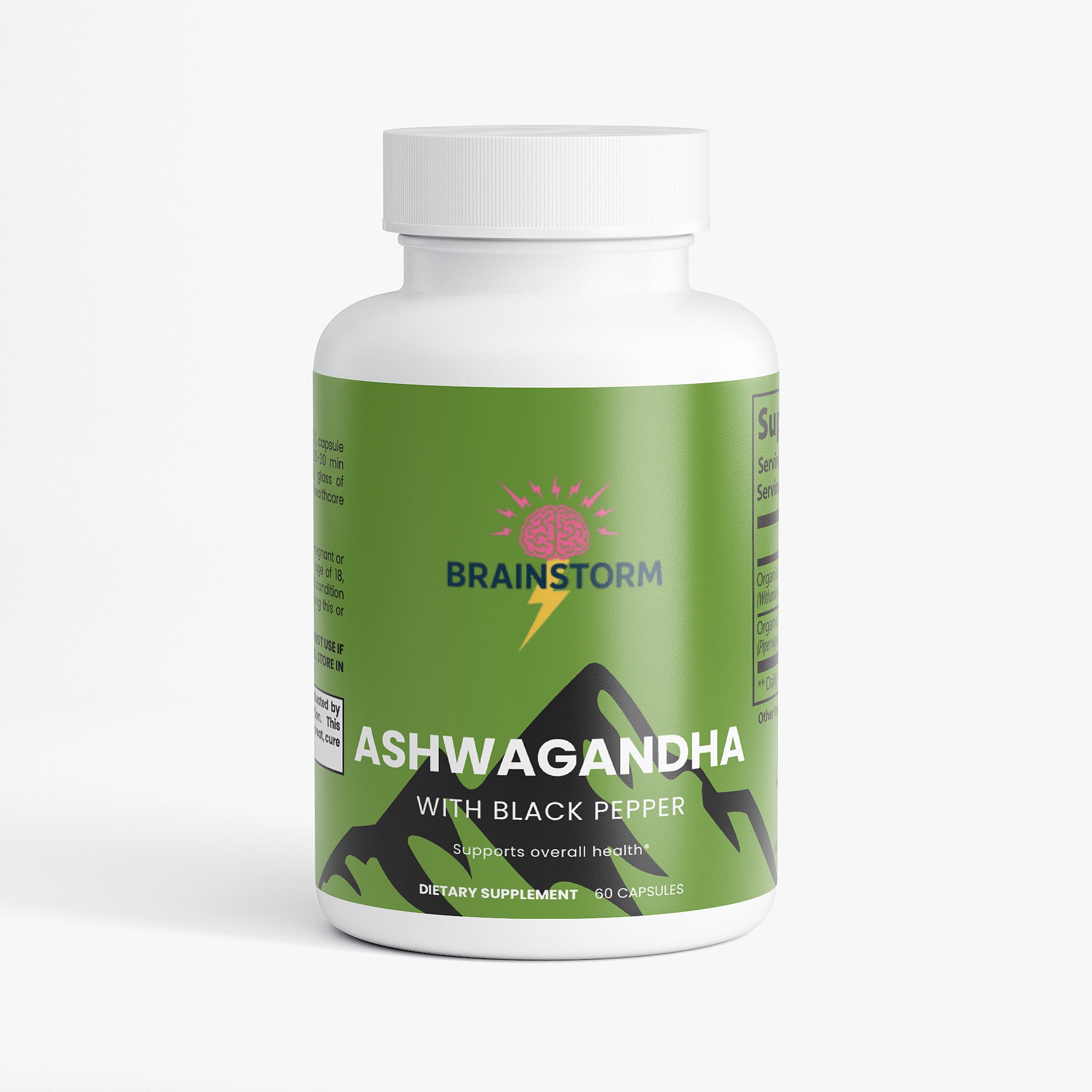 Supplement bottle labeled 'Ashwagandha with Black Pepper' by Brainstorm with 'Supports Overall Health' and '60 capsules' on a white background