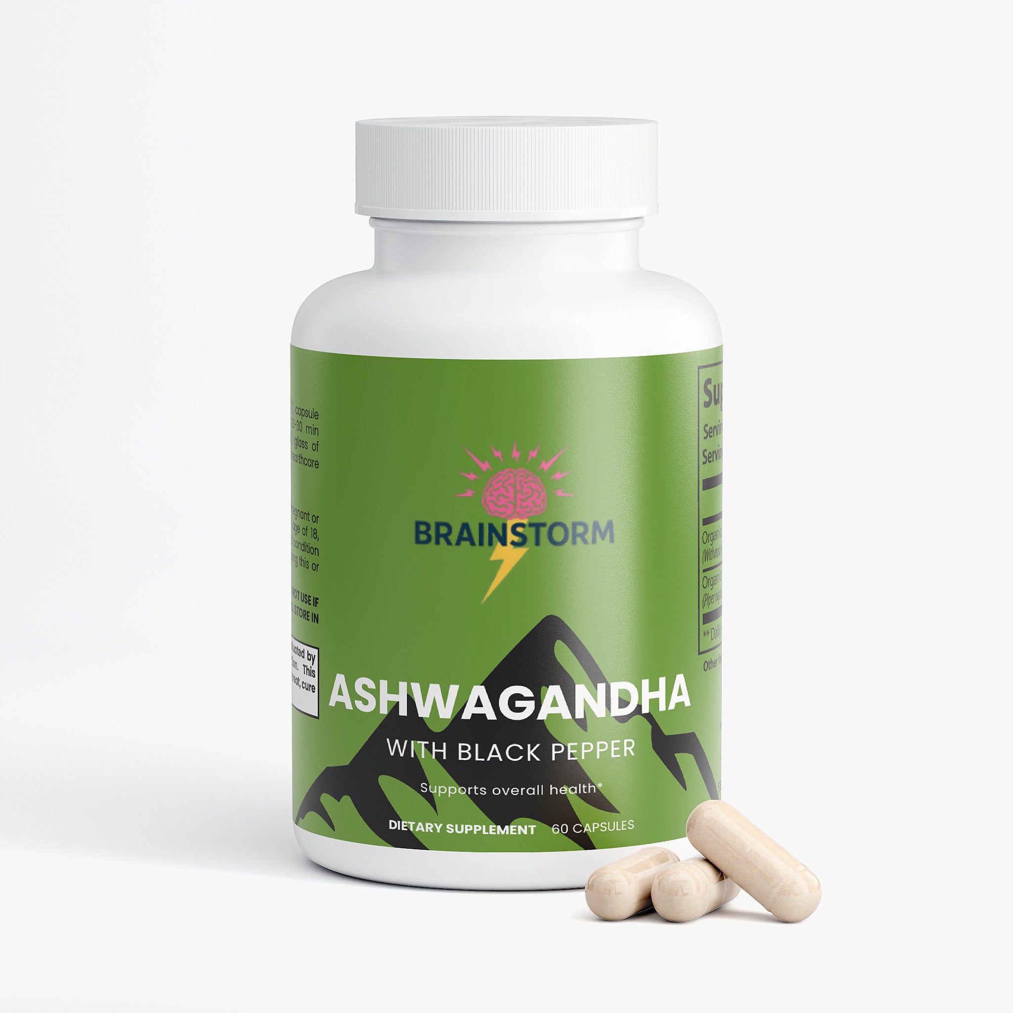 Supplement bottle labeled 'Ashwagandha with Black Pepper' by Brainstorm on a white background