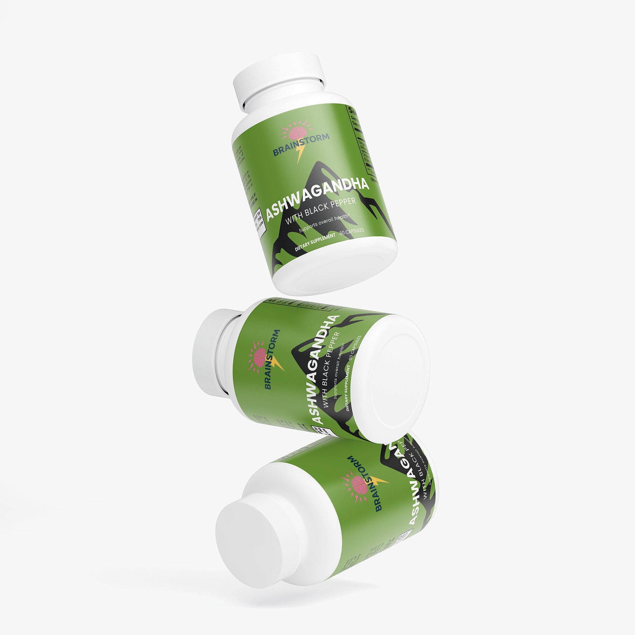 Three bottles of Brainstorm Ashwagandha on a white background
