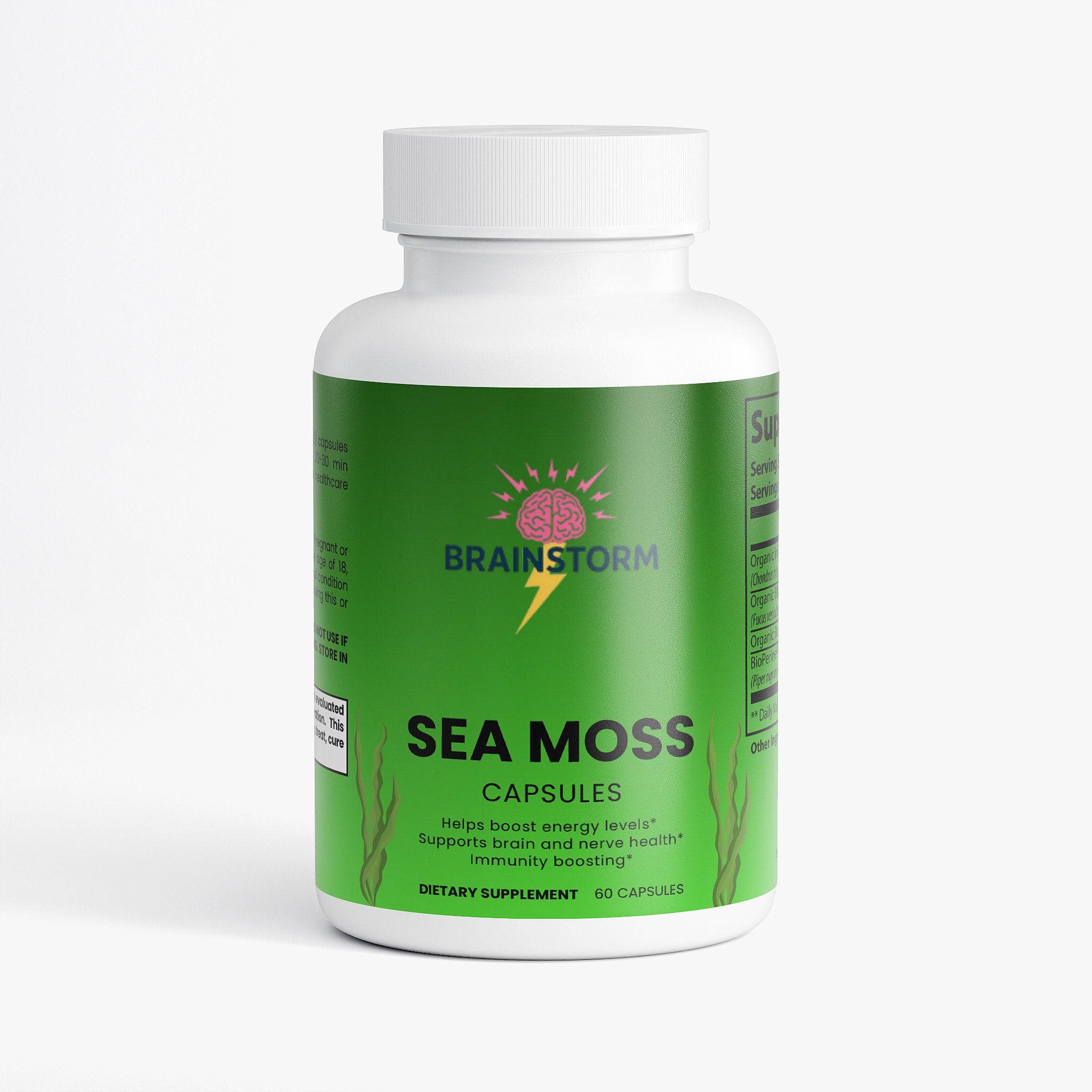 Bottle of Sea Moss capsules with a green label Brainstorm logo and 'Helps boost energy levels, supports brain and nerve health and immunity boosting' on a white background