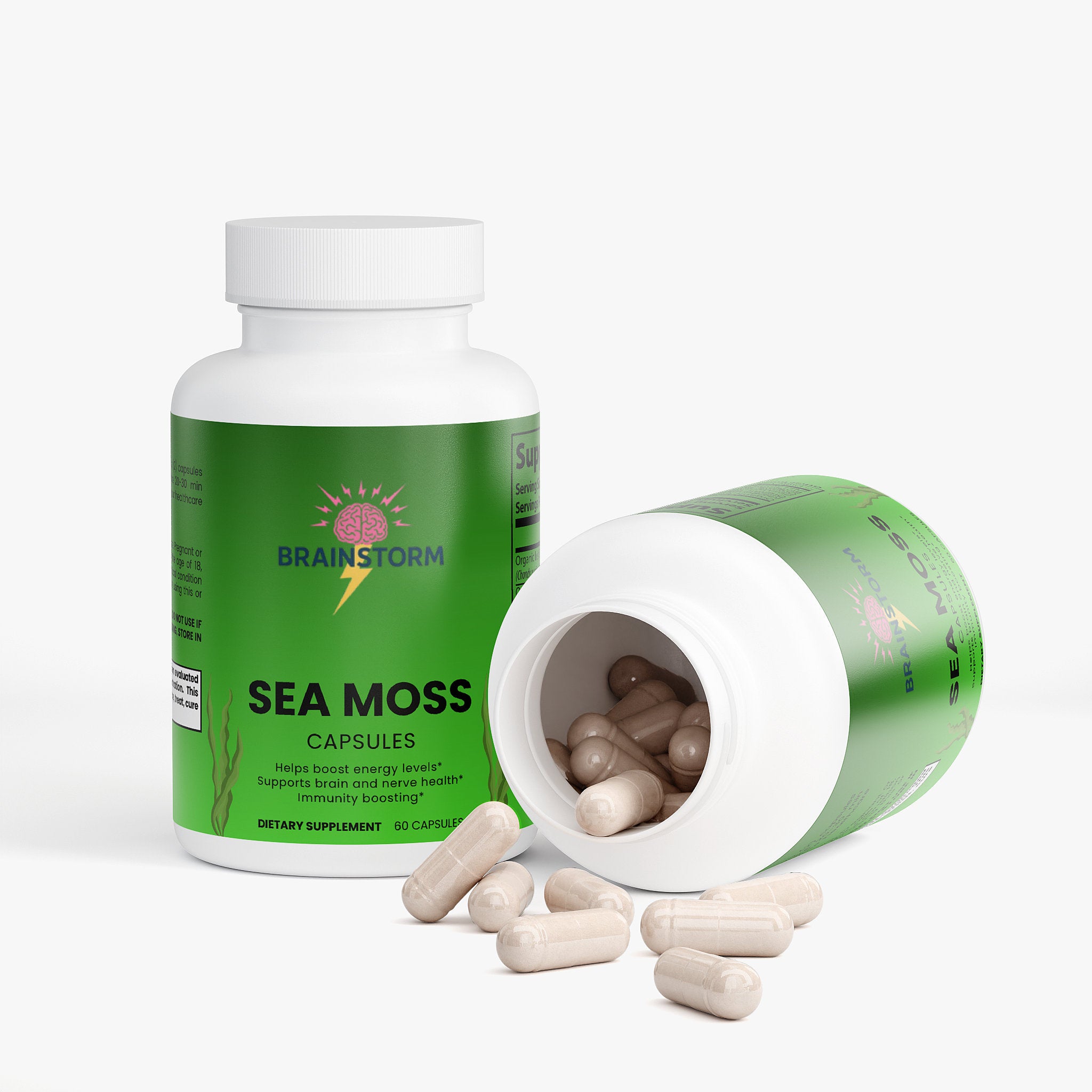 Brainstorm Moss capsules in a bottle with an open lid on a white background