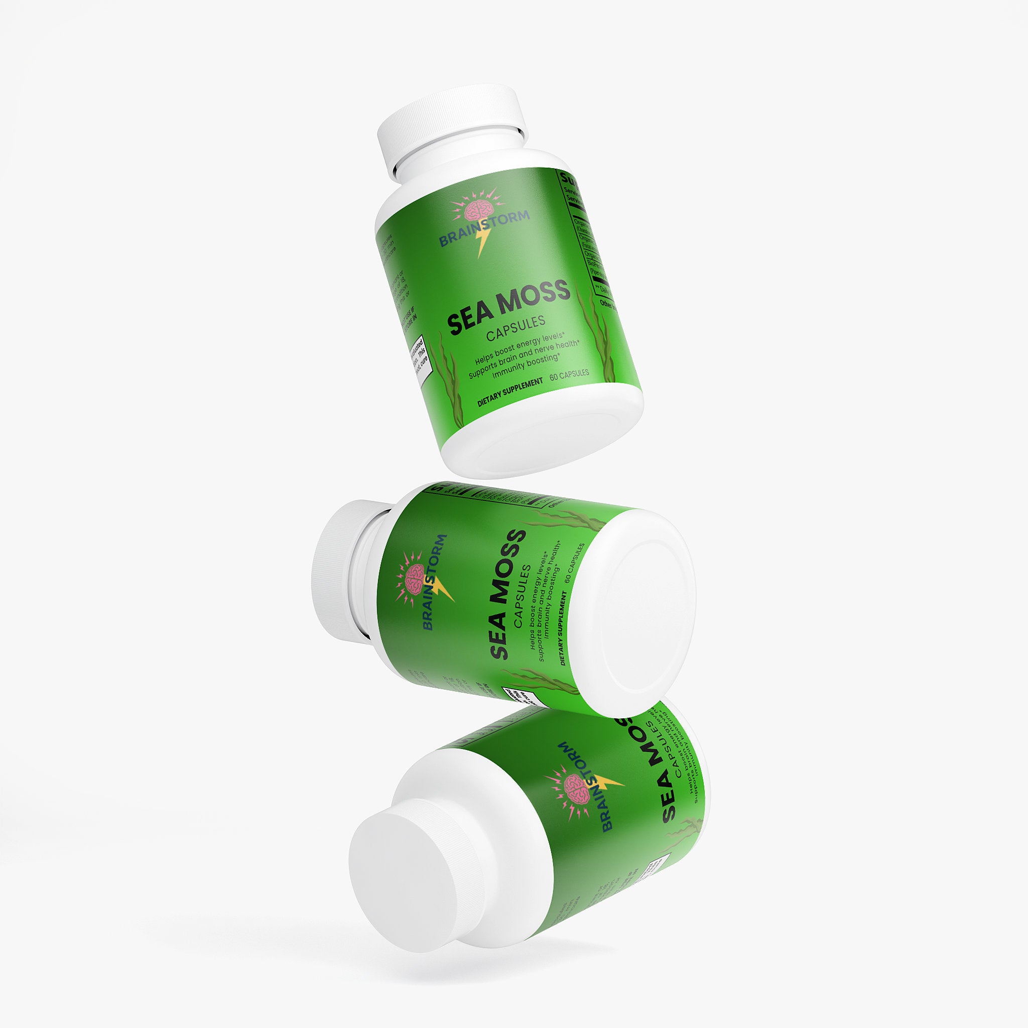 Three bottles of Brainstorm Sea Moss capsules on a white background