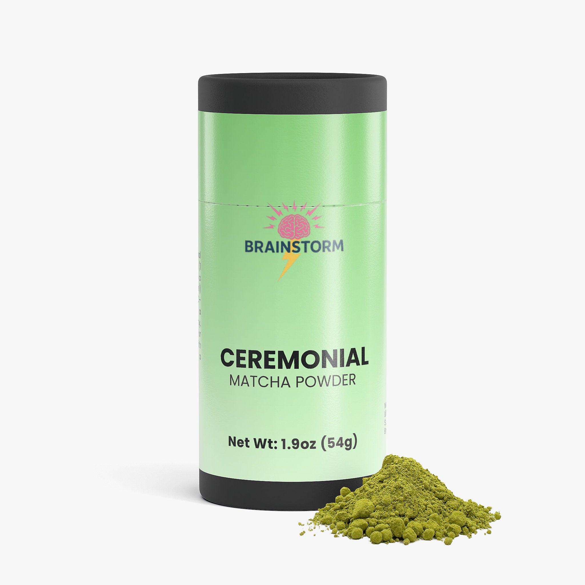 Ceremonial Matcha Powder container with green powder on a white background