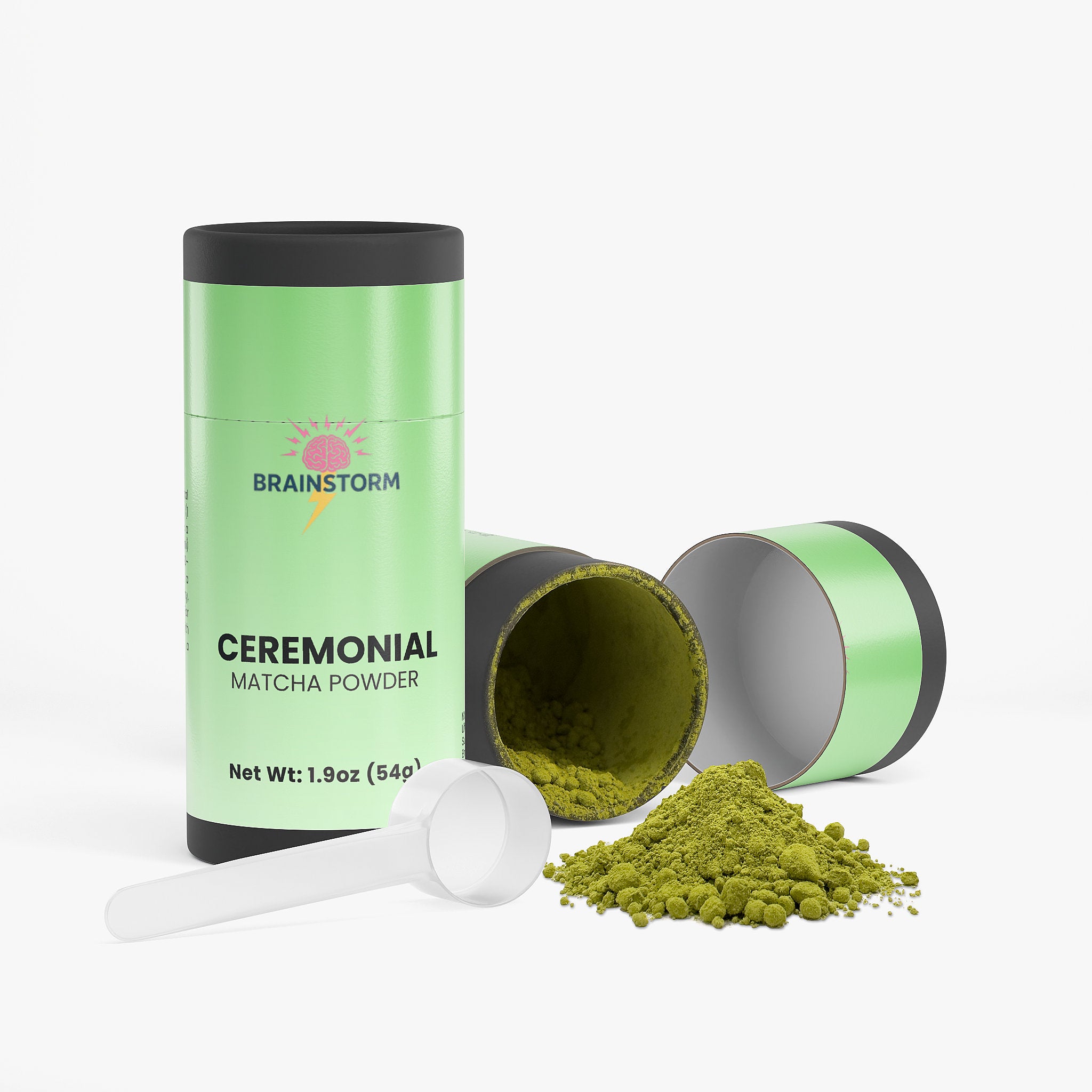 Green canister of Brainstorm Ceremonial Matcha Powder with open lid and scoop on a white background