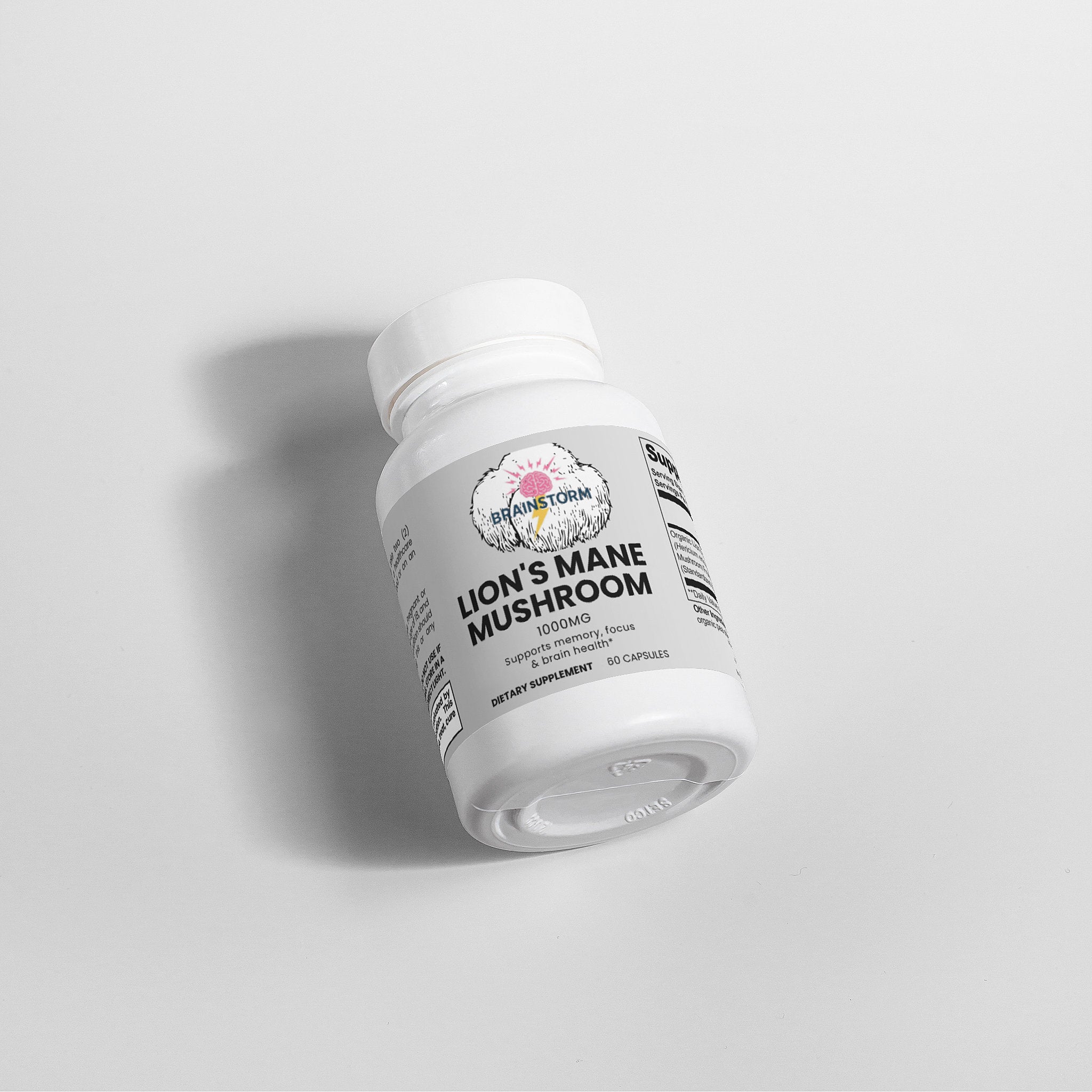 Bottle of Lion's Mane Mushroom supplement on a light gray background