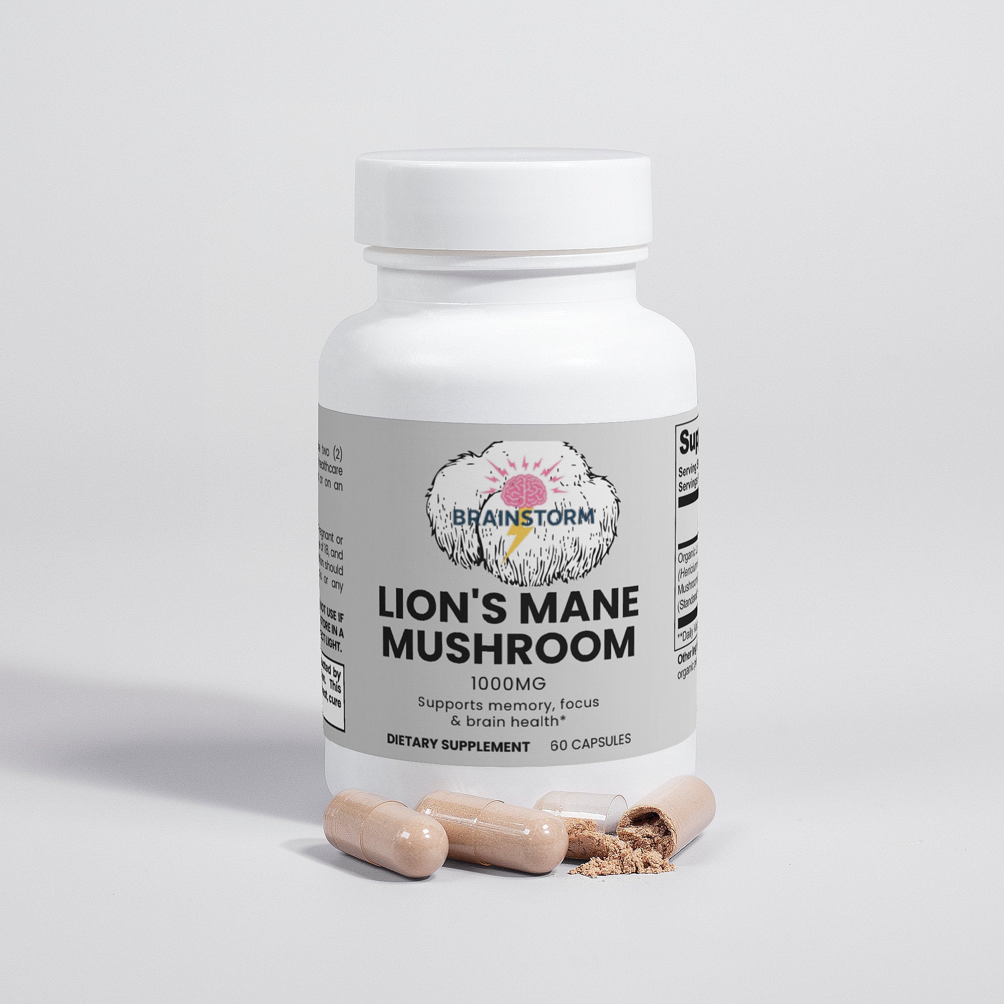 Supplement bottle labeled 'Lion's Mane Mushroom' by Brainstorm with Lion's Mane mushroom capsules in front of the container on a light gray background