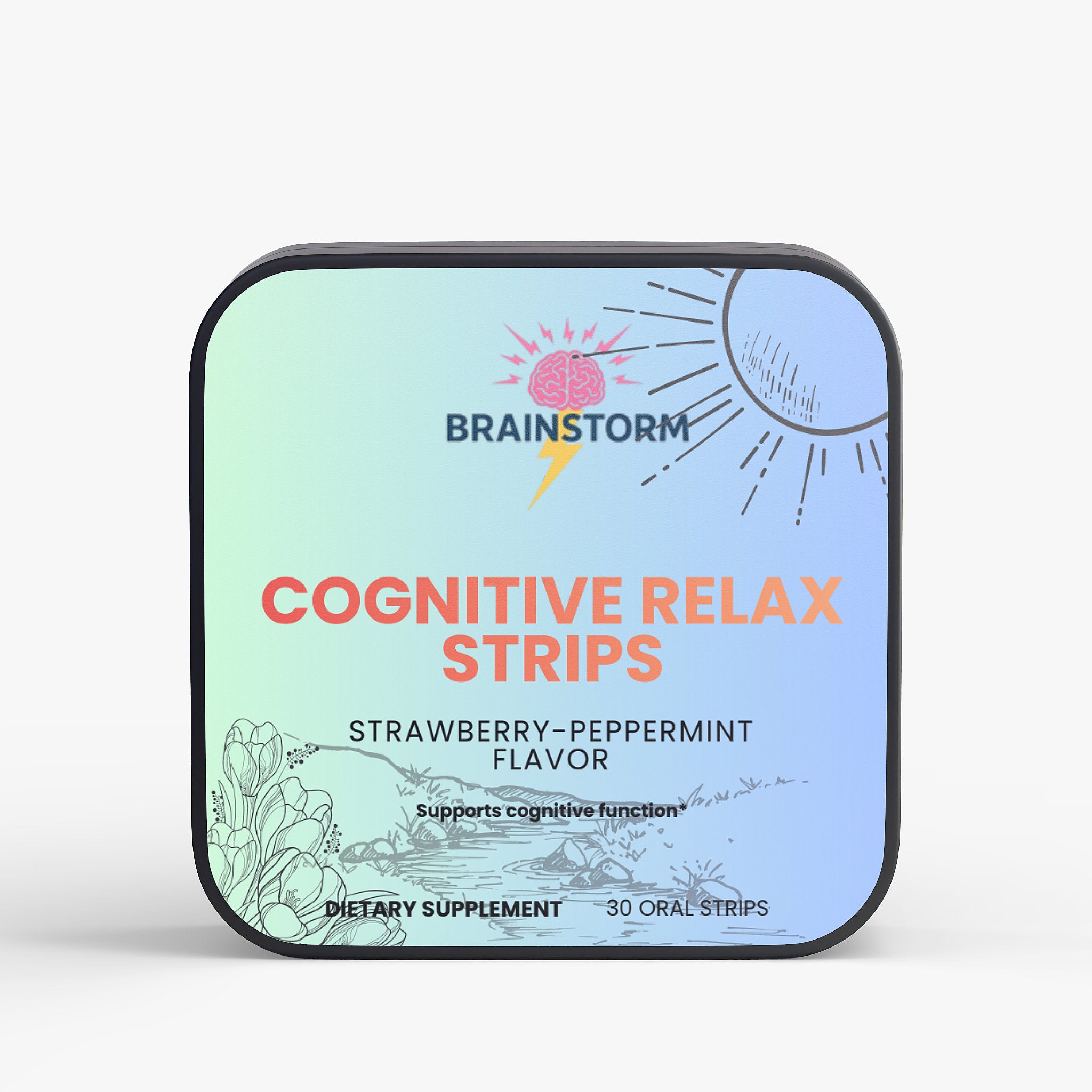 Black container with cognitive relax strips and a nice peaceful and serene packaging with 'Strawberry Peppermint Flavor' and ' Supports Cognitive Function' on a light gray background