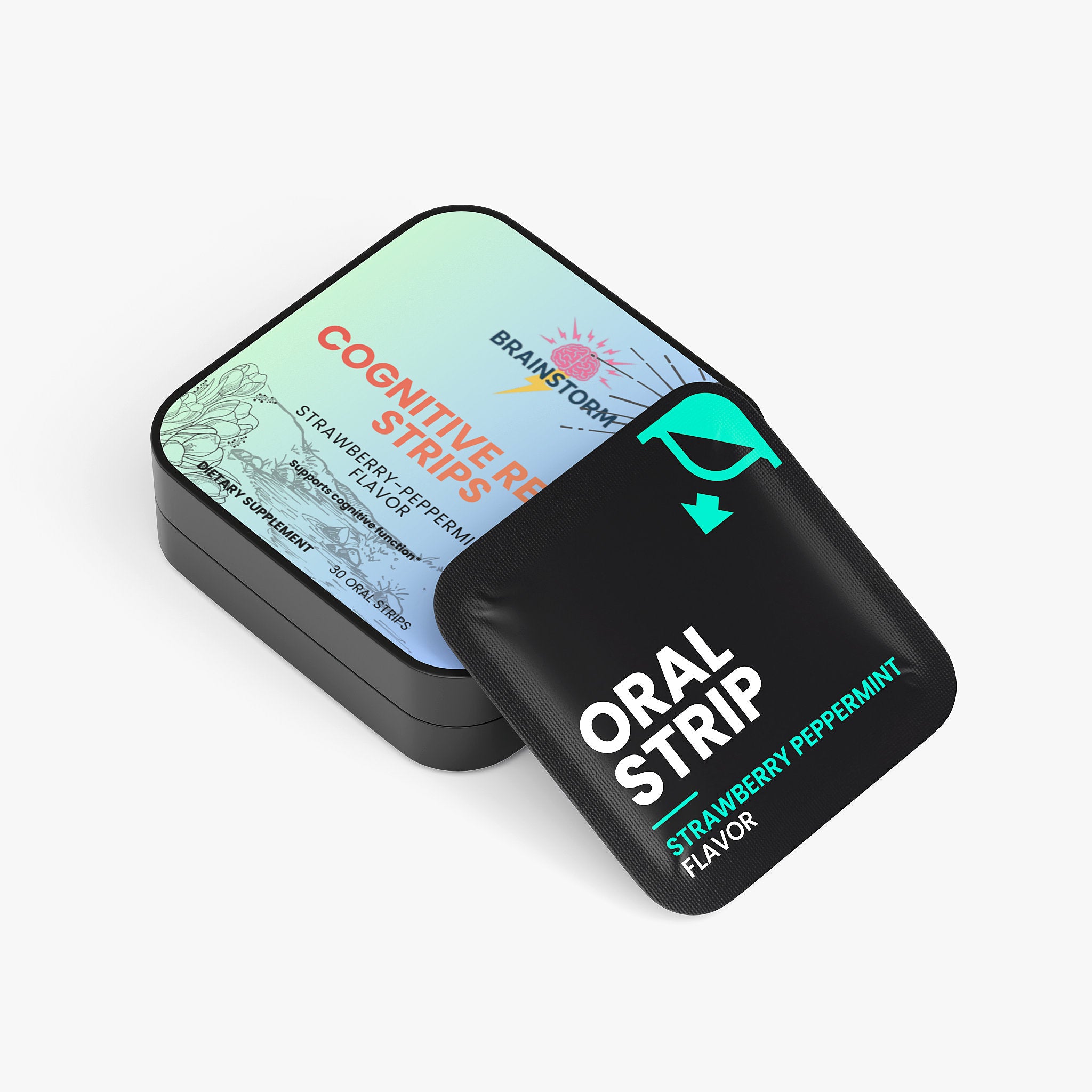 Container with cognitive relax strips and a nice peaceful and serene packaging. Oral strip packaging with 'Strawberry Peppermint' flavor on a white background