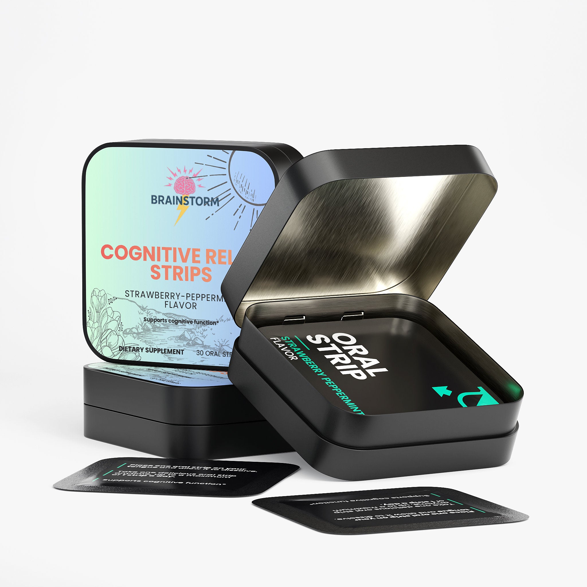 Black container with cognitive relax strips and a nice peaceful and serene packaging on a white background
