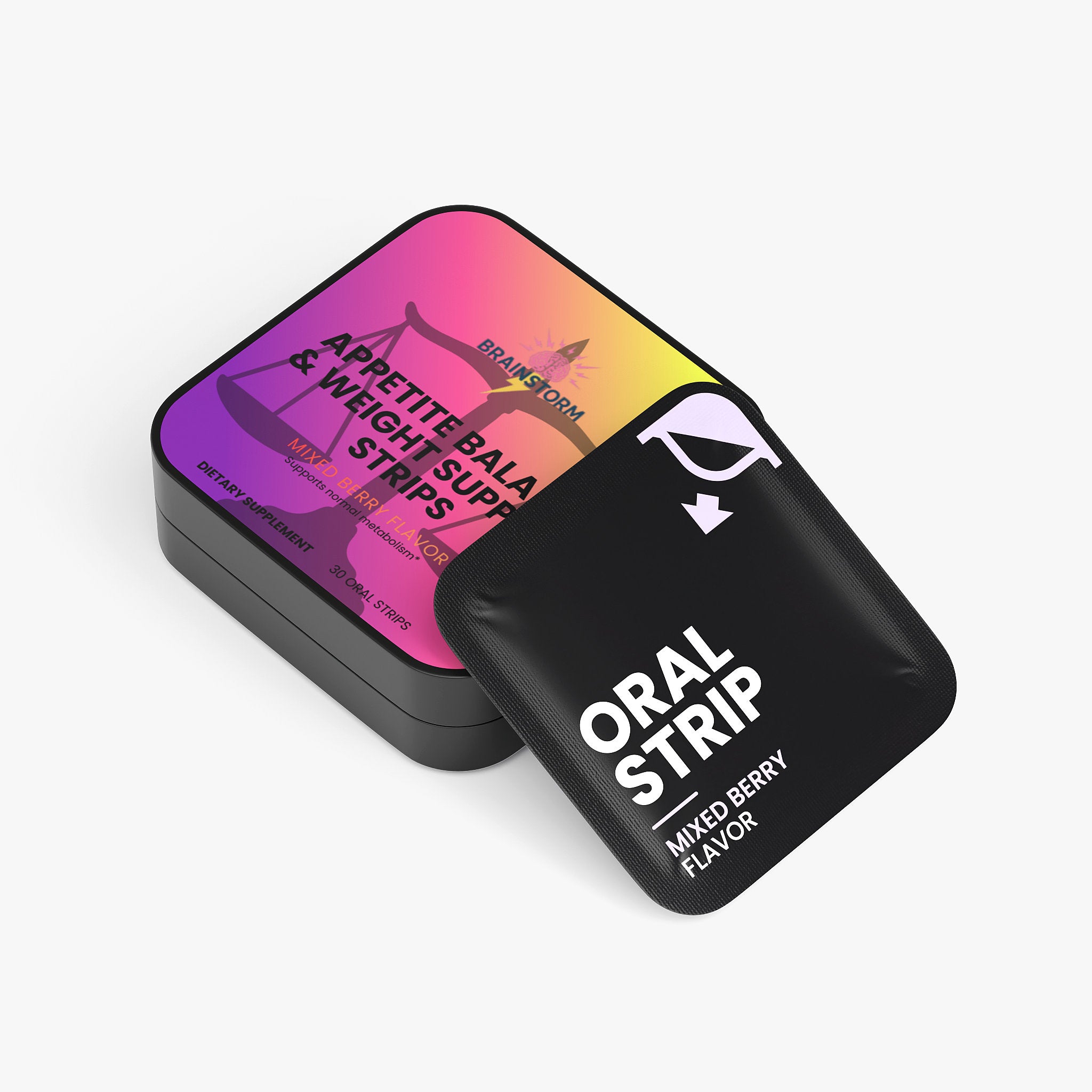 Black packaging of 'Appetite support and weight balance' and 'Oral Strip' with colorful label on a white background
