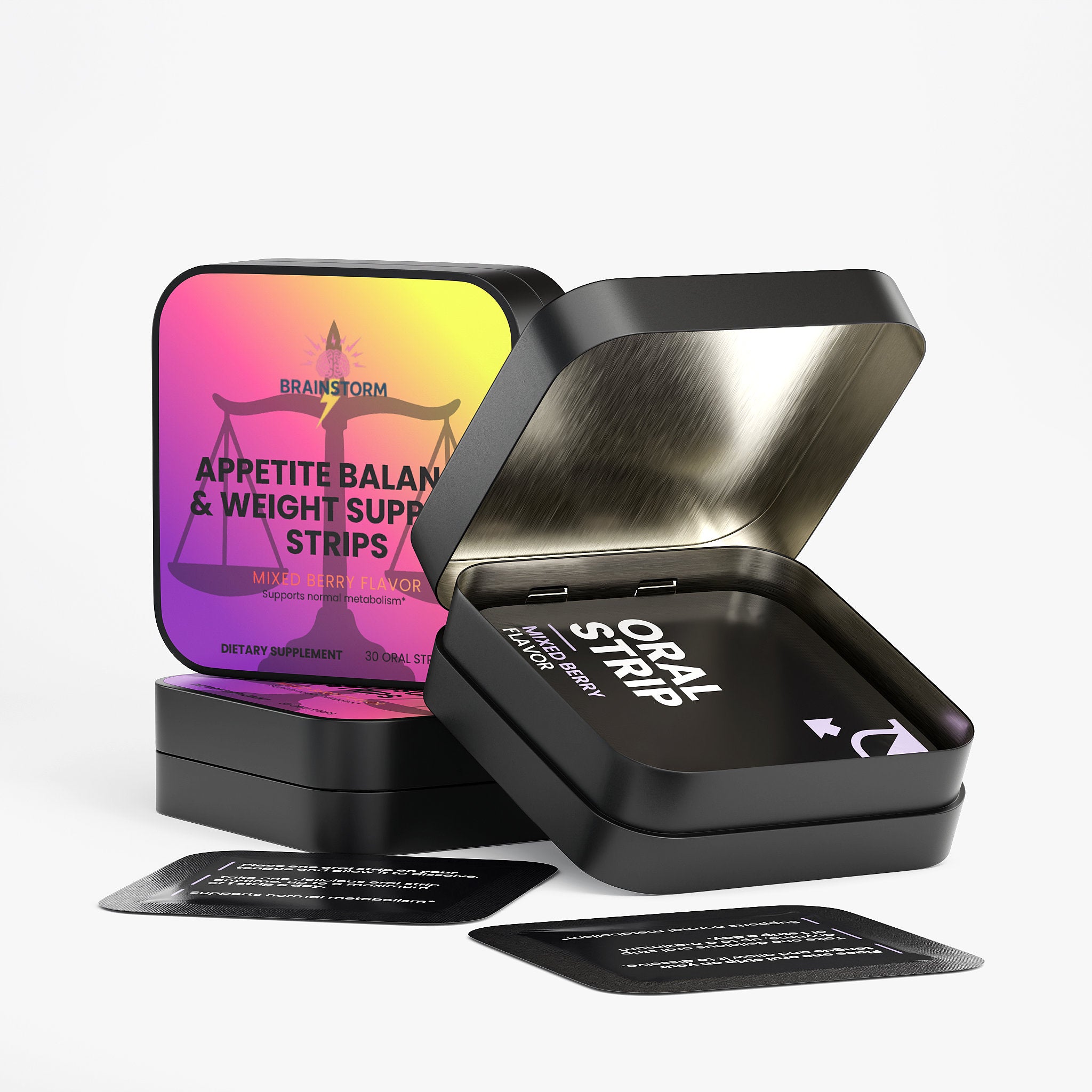 Black tin box with 'Appetite Balance and Weight support' and 'Oral Strip' packaging on a white background