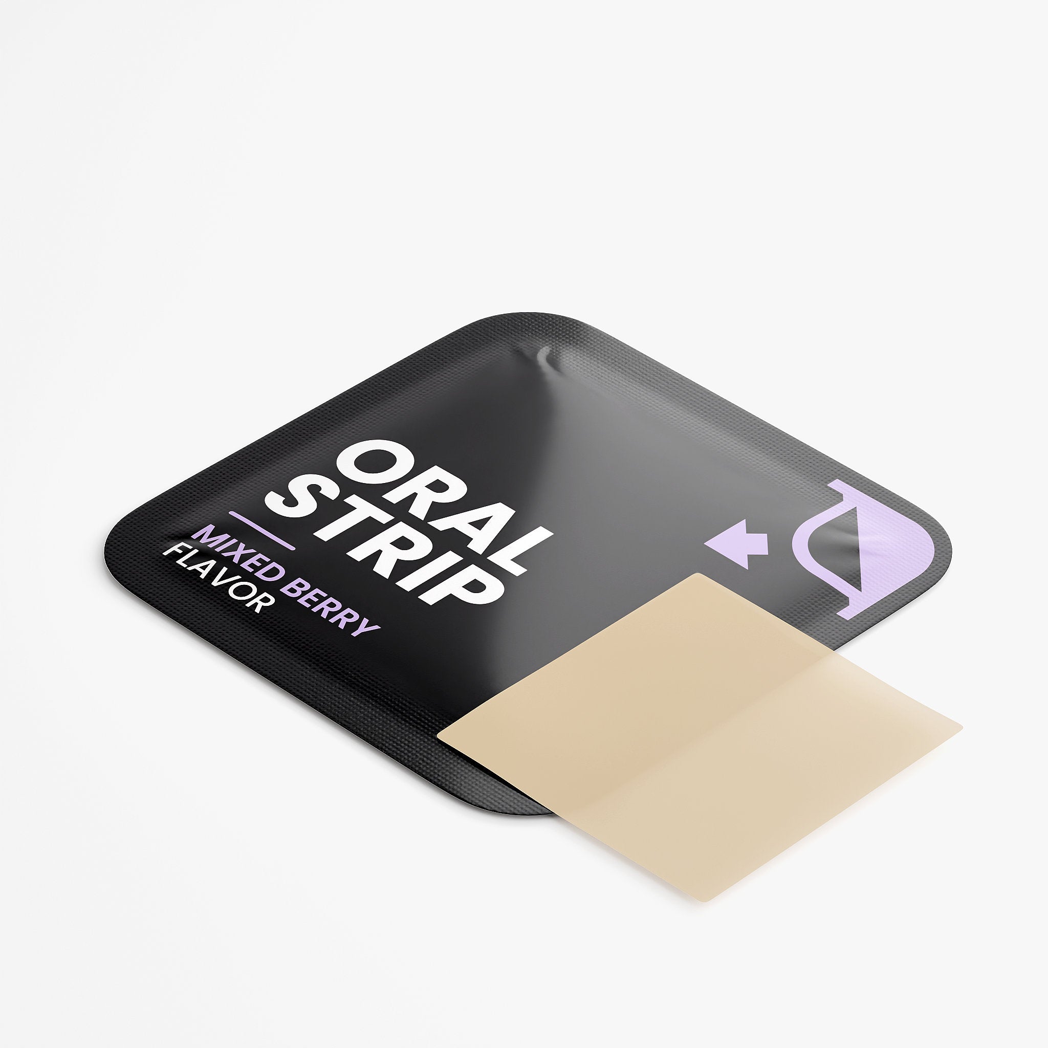 Black packaging of 'Oral Strip' 'Mixed Berry Flavor' with a beige strip on a white background