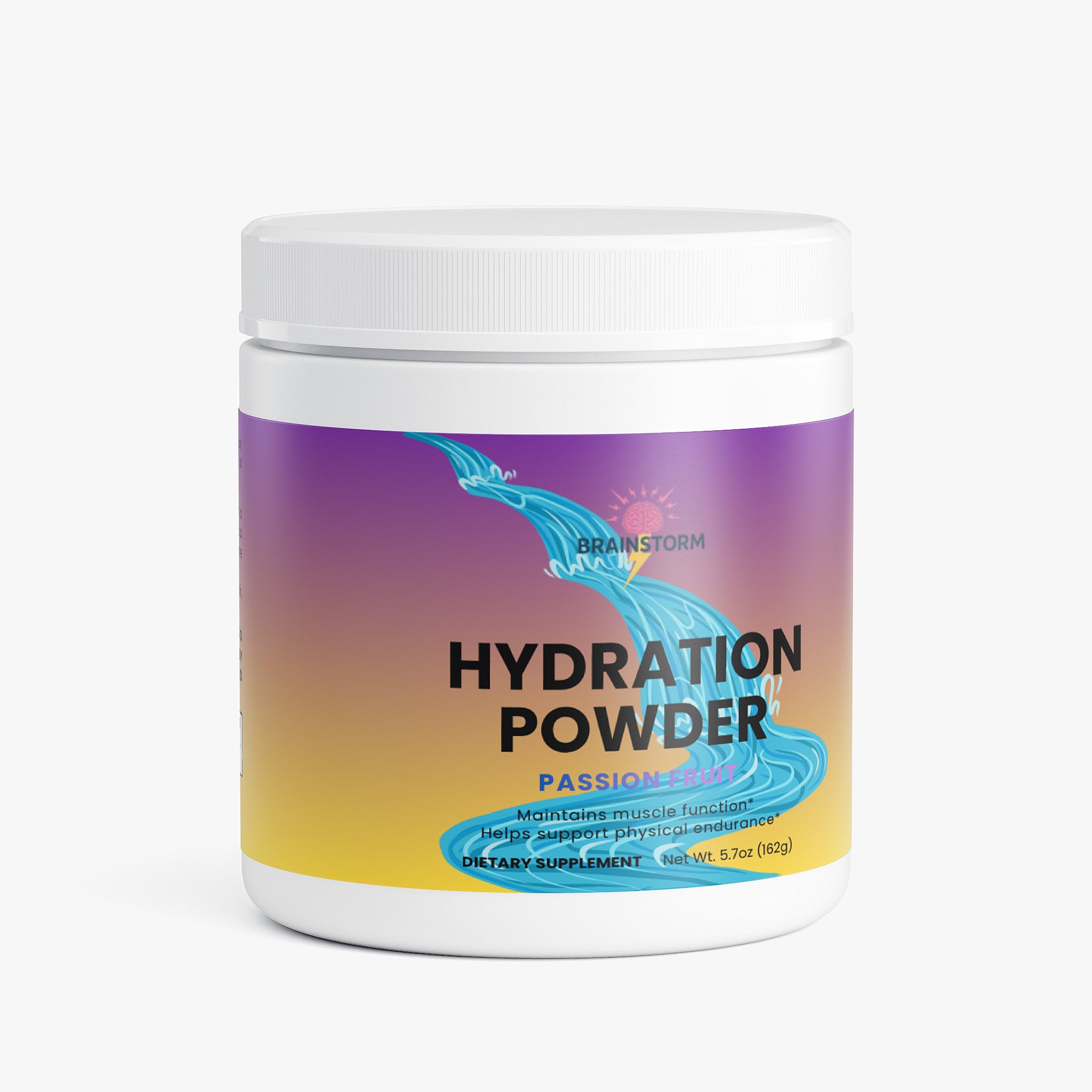 Brainstorm Hydration powder container with purple and yellow label with 'passion Fruit flavor', 'helps maintain muscle function' and 'helps support physical endurance' on a white background
