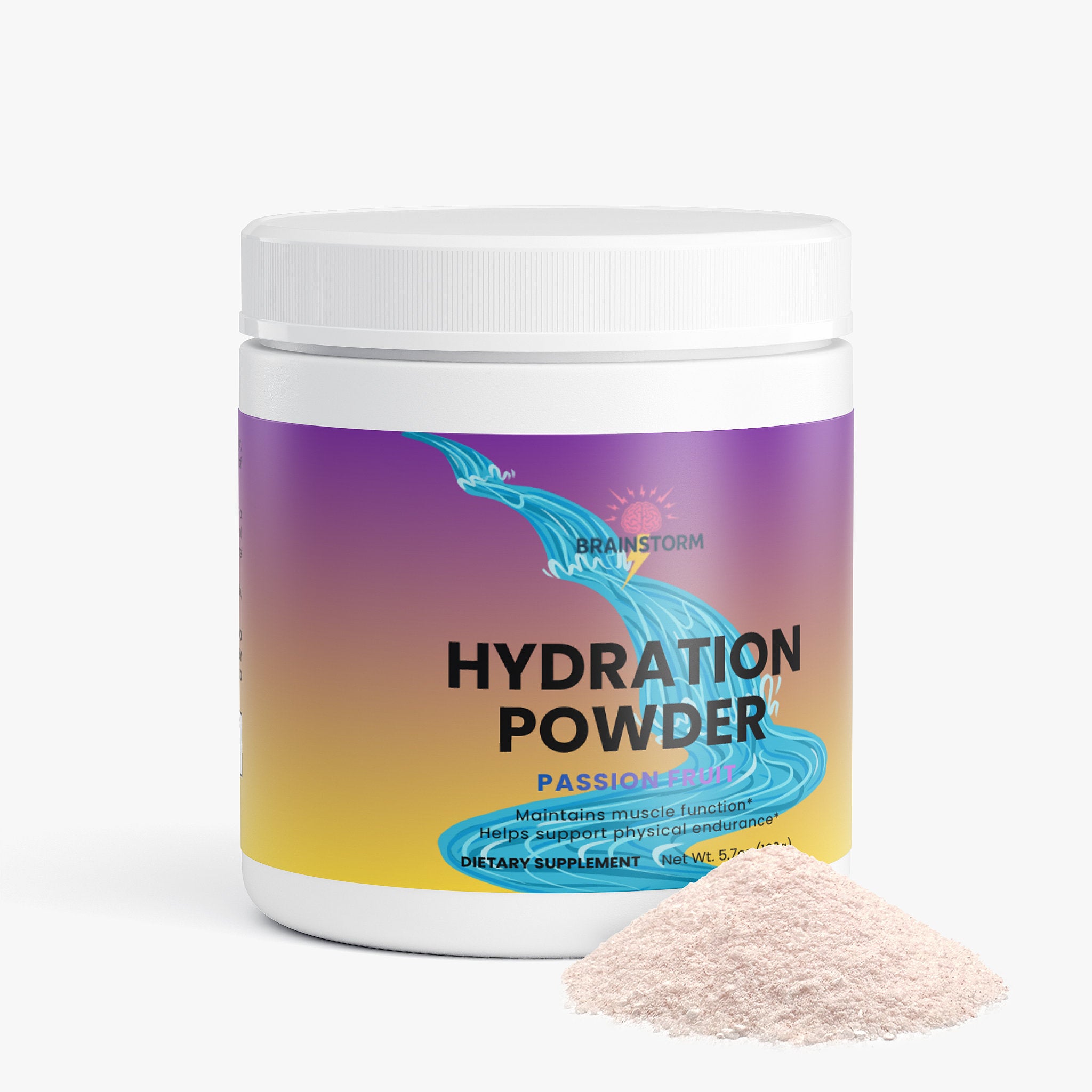 Hydration powder container with a lable that shows alot of hydration and a scoop of pink powder on a white background