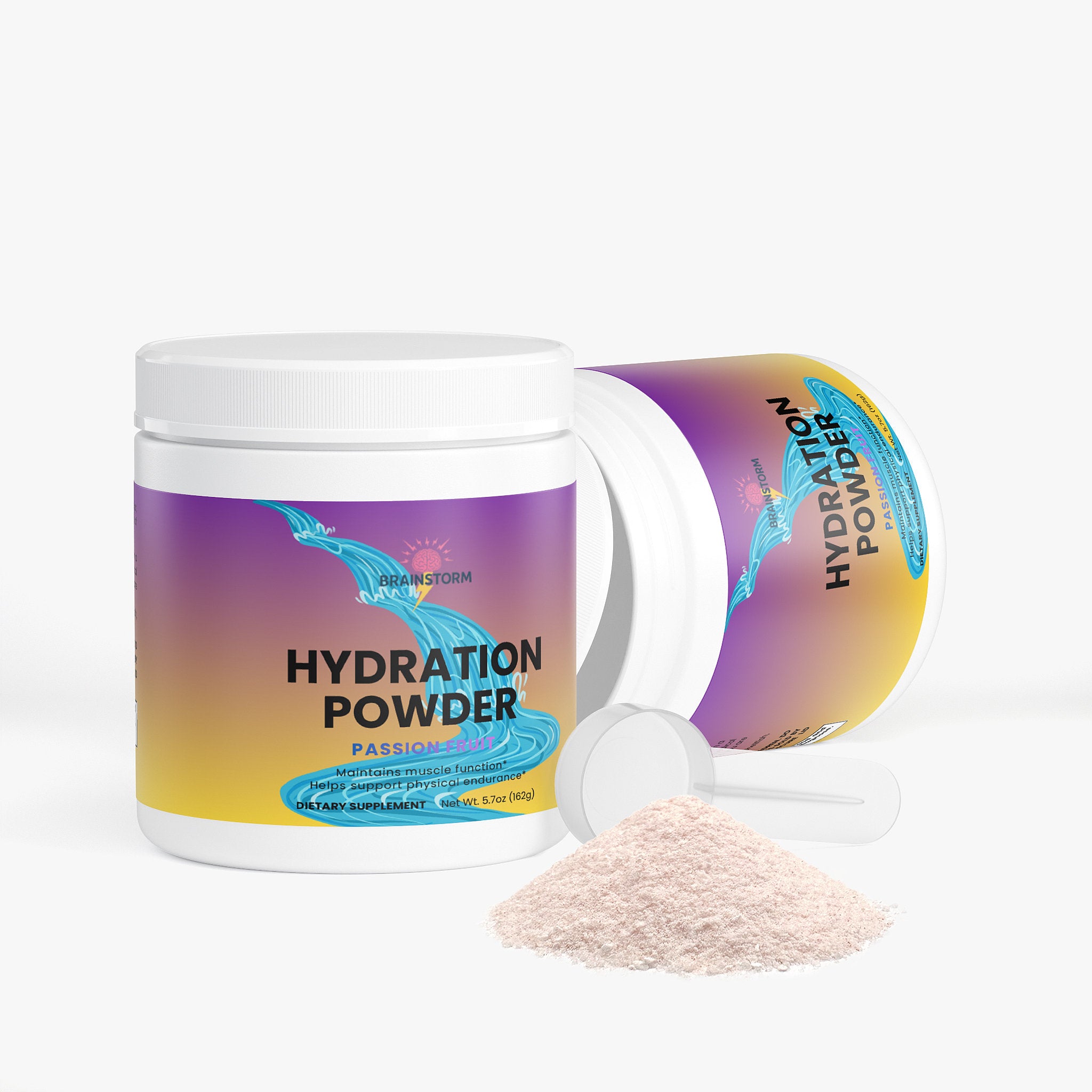 Brainstorm Hydration powder container with scoop on a white background