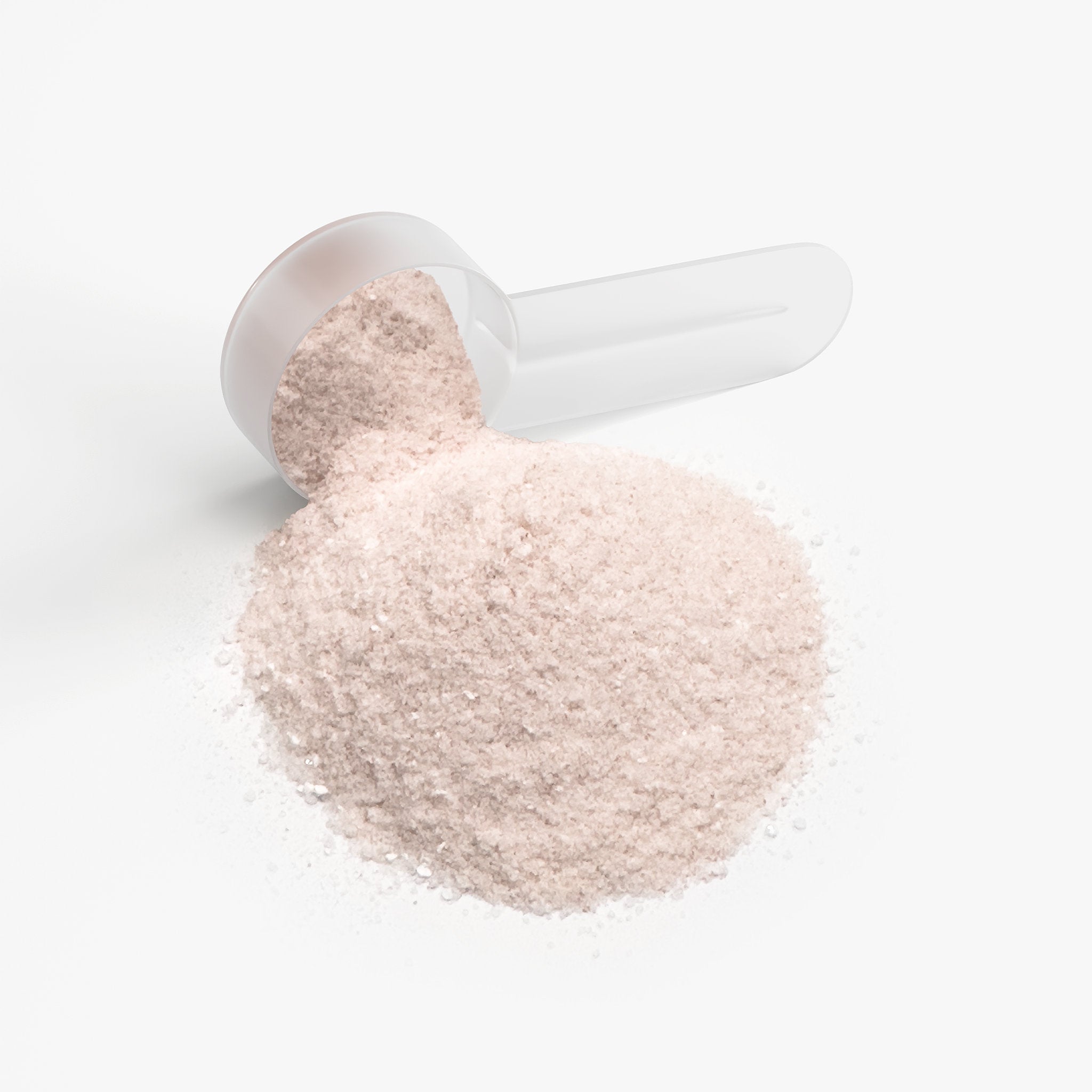 White scoop filled with hydration powder on a white background