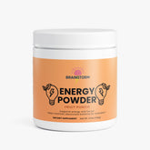 Container of Brainstorm Energy Powder with orange label. Fruit punch flavor, with &
