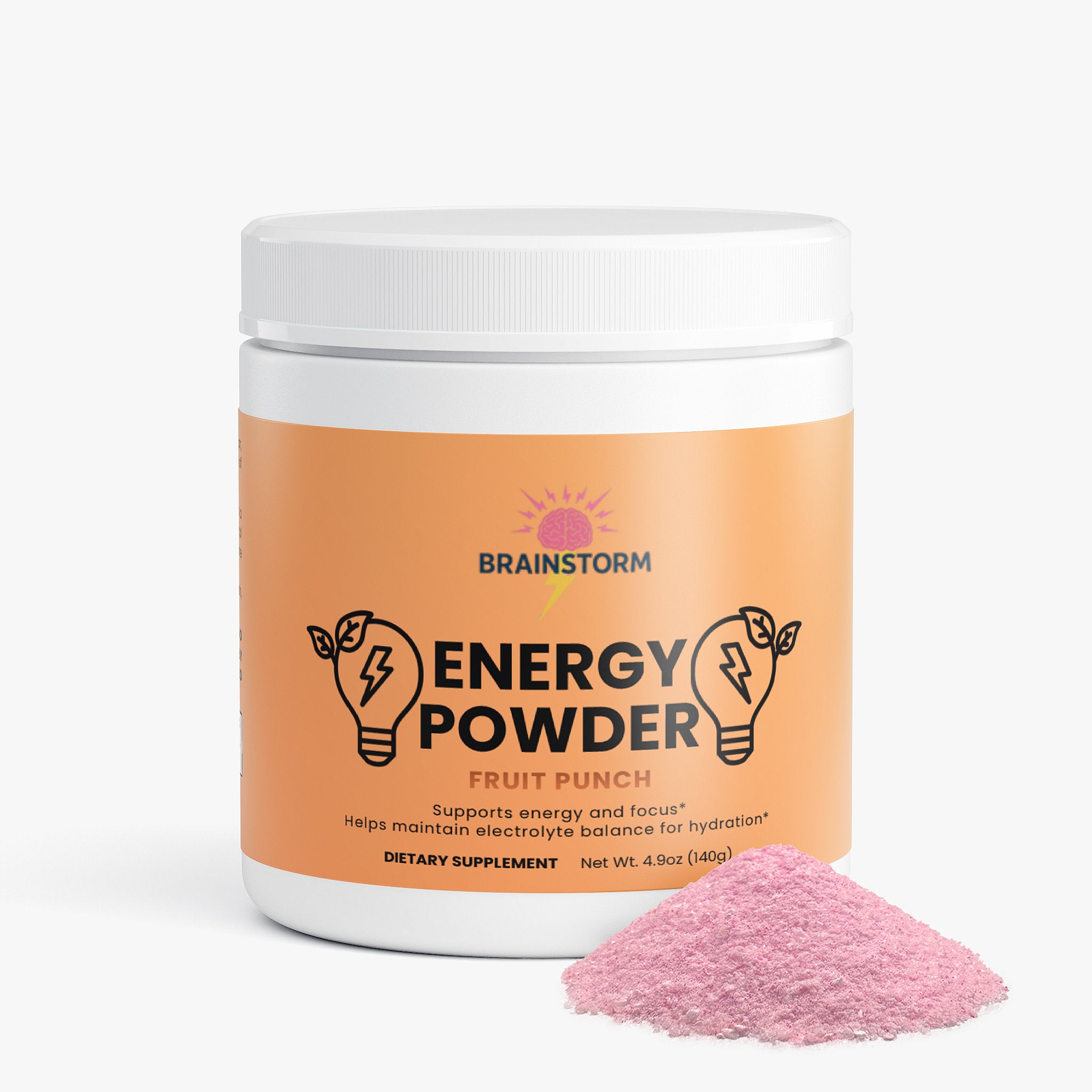 Container of Brainstorm Energy Powder with  'fruit punch' flavor and pink powder on a white background
