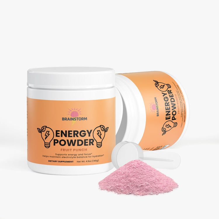 Brainstorm Energy powder container with scoop and pink powder on a white background
