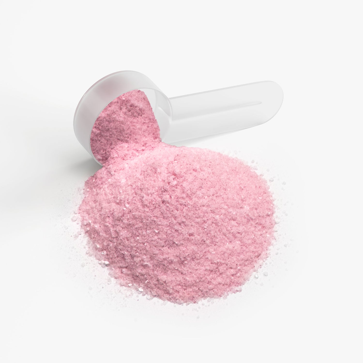 Pink powder in a white scoop on a white background