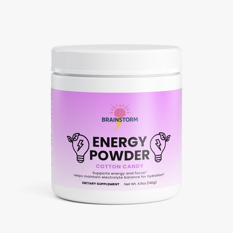 Container of Brainstorm Energy Powder Cotton Candy Flavor with 'Supports Energy and Focus' and 'Helps maintain electrolyte balance for hydration' on a white background