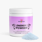 Container of Brainstorm Energy Powder  Cotton Candy Flavor with a scoop of blue powder on a white background