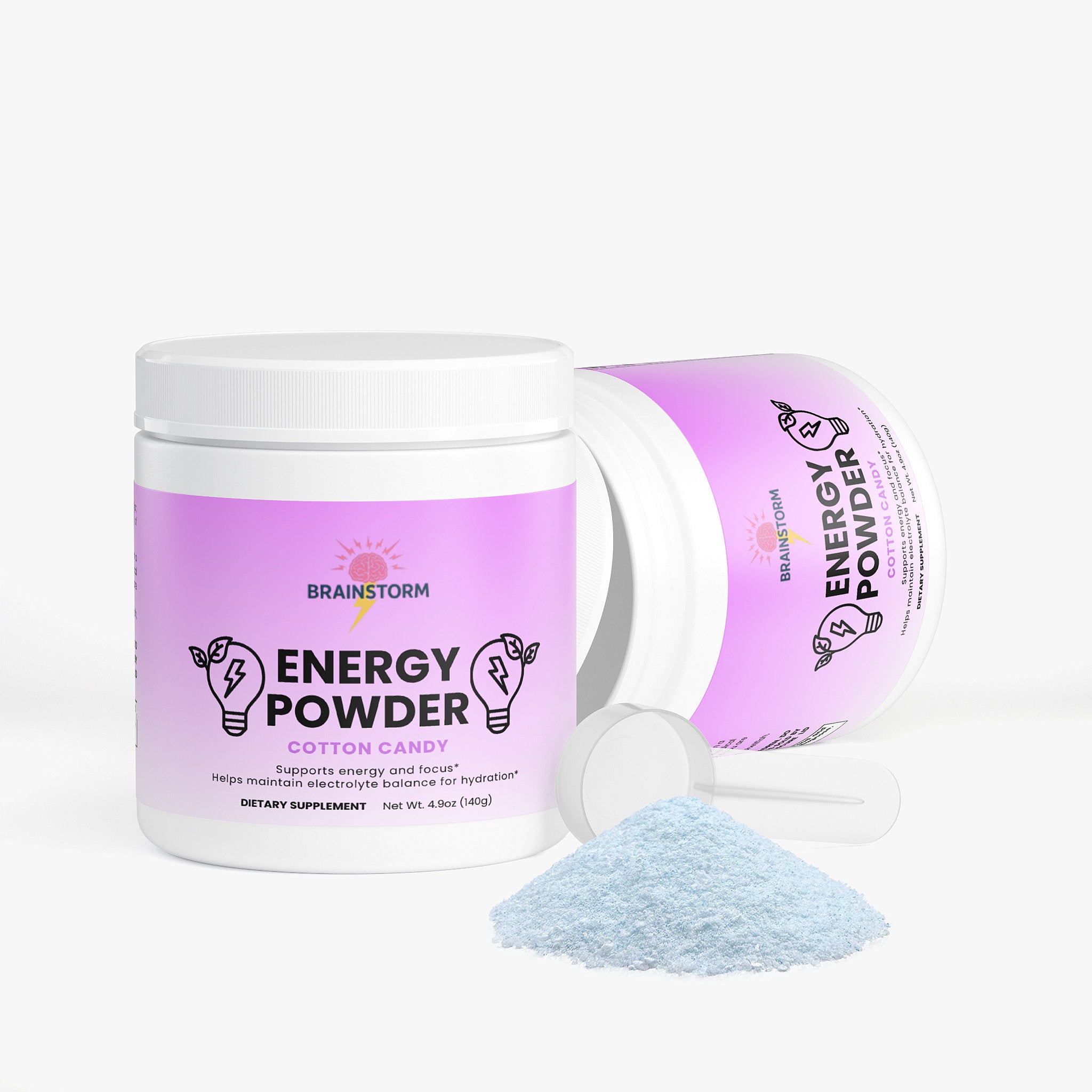Jar of Brainstorm 'Energy Powder' cotton candy flavor with a scoop of powder on a white background