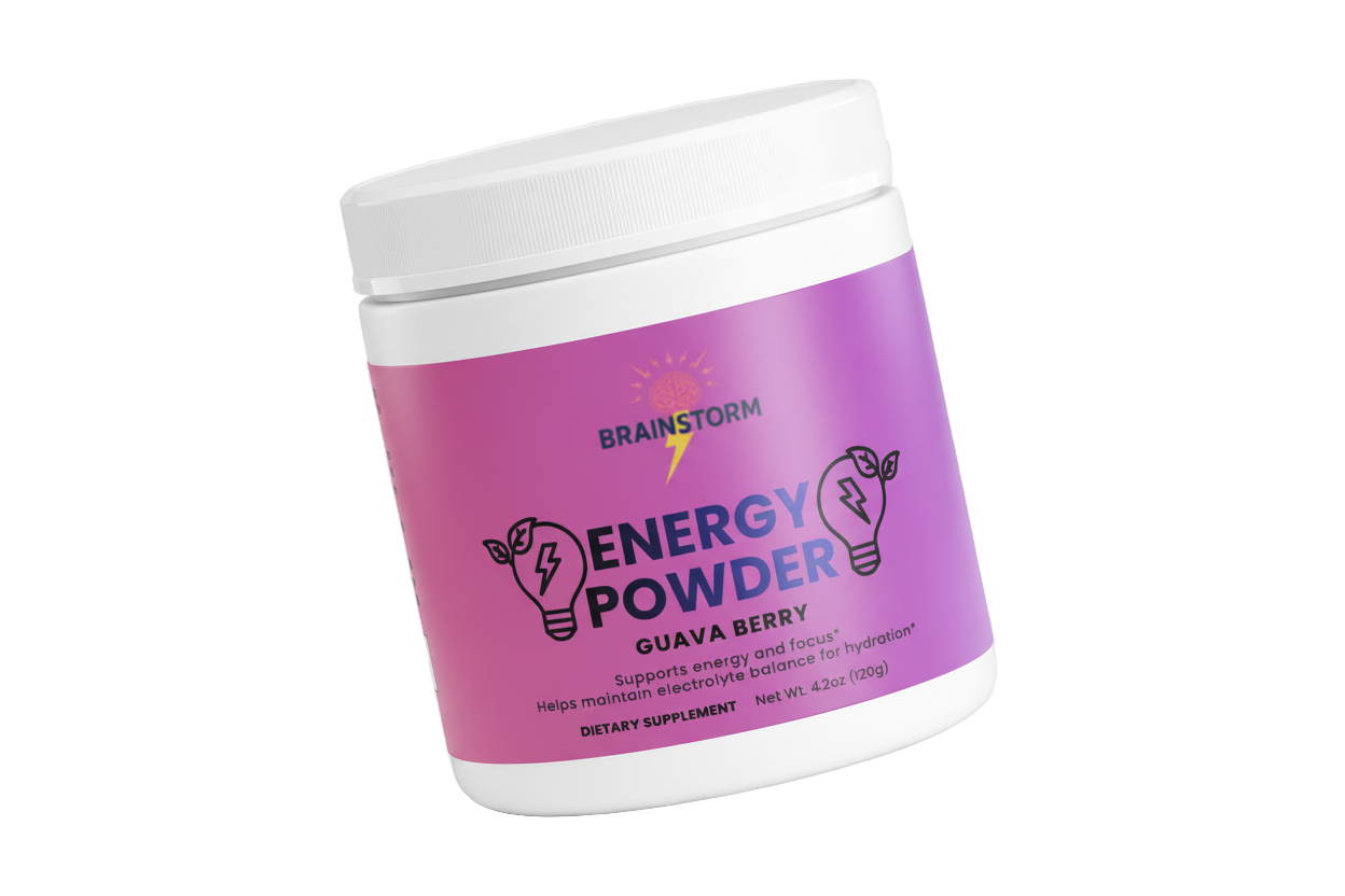 Container of Brainstorm Energy Powder Guava Berry with 'Supports Energy and Focus' and 'Helps maintain electrolyte balance for hydration' on a white background
