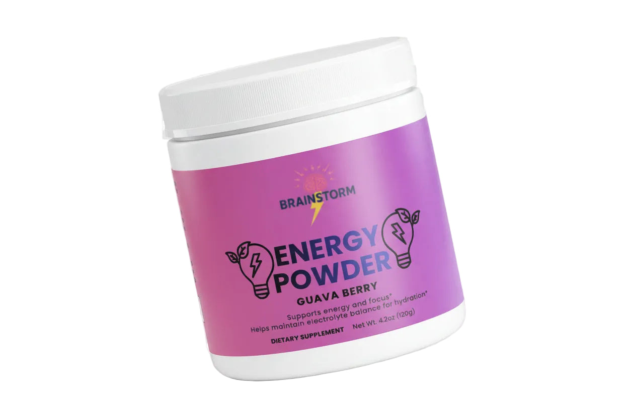 Container of Brainstorm Energy Powder Guava Berry with 'Supports Energy and Focus' and 'Helps maintain electrolyte balance for hydration' on a white background