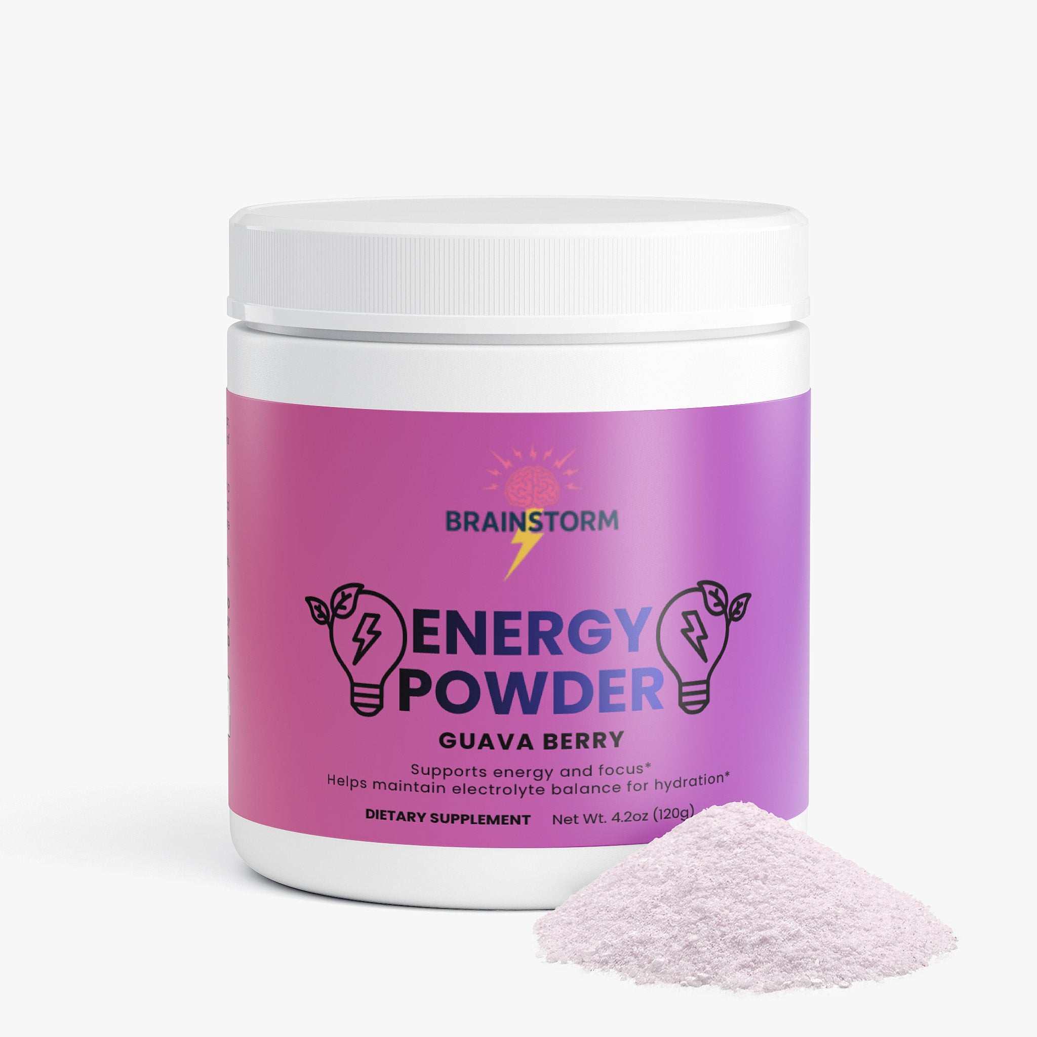 Container of Brainstorm Energy Powder Guava Berry with a scoop of pink powder on a white background