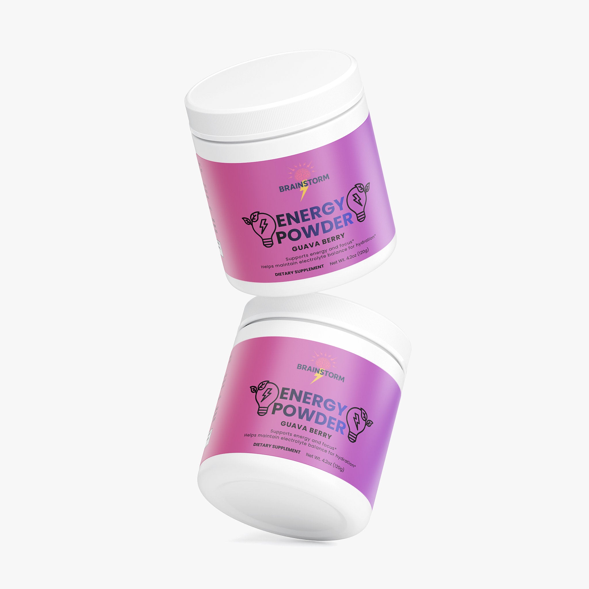 Two containers of Brainstorm Energy Powder Guava berry flavor on a white background