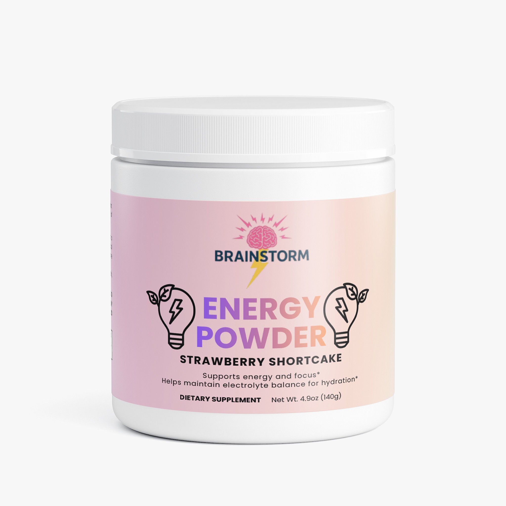 Container of Brainstorm Energy Powder Strawberry Shortcake with 'Supports Energy and Focus' and 'Helps maintain electrolyte balance for hydration' on a white background