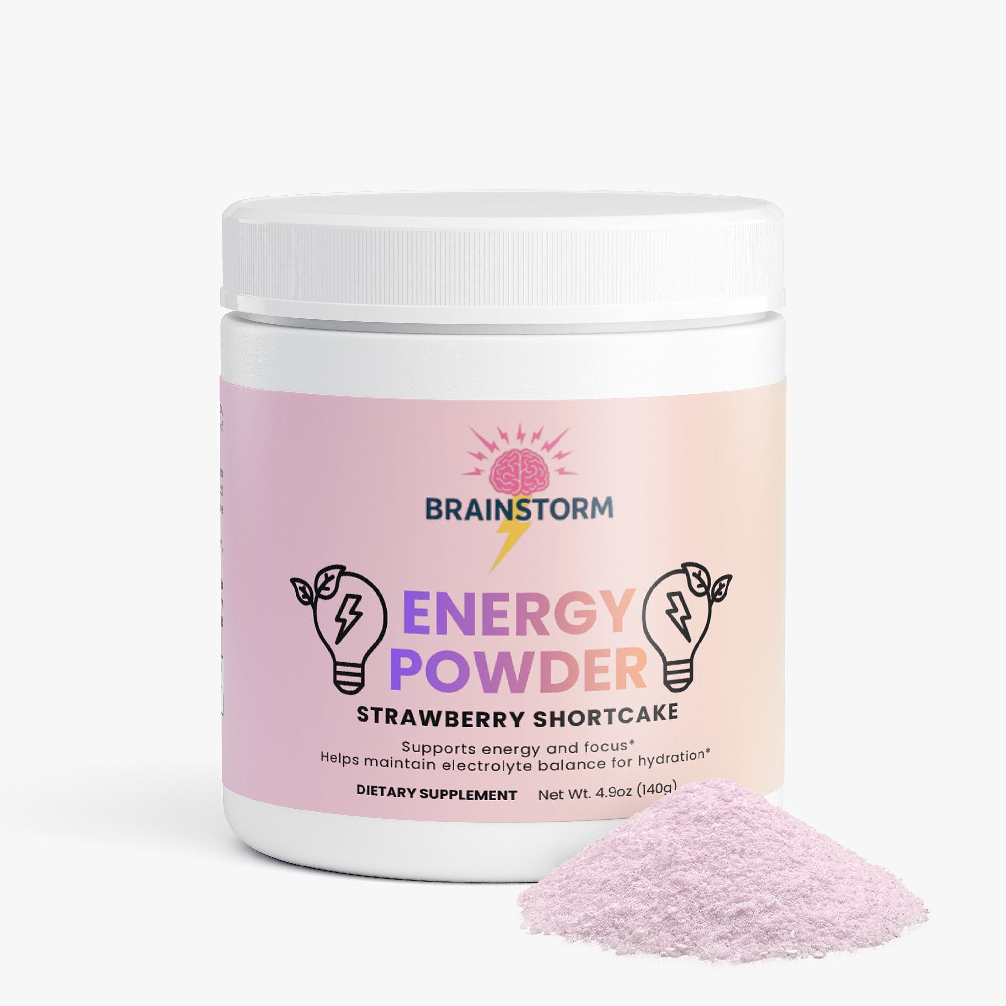 Container of Brainstorm Energy Powder Straeberry Shortcake flavor with pink powder on a white background