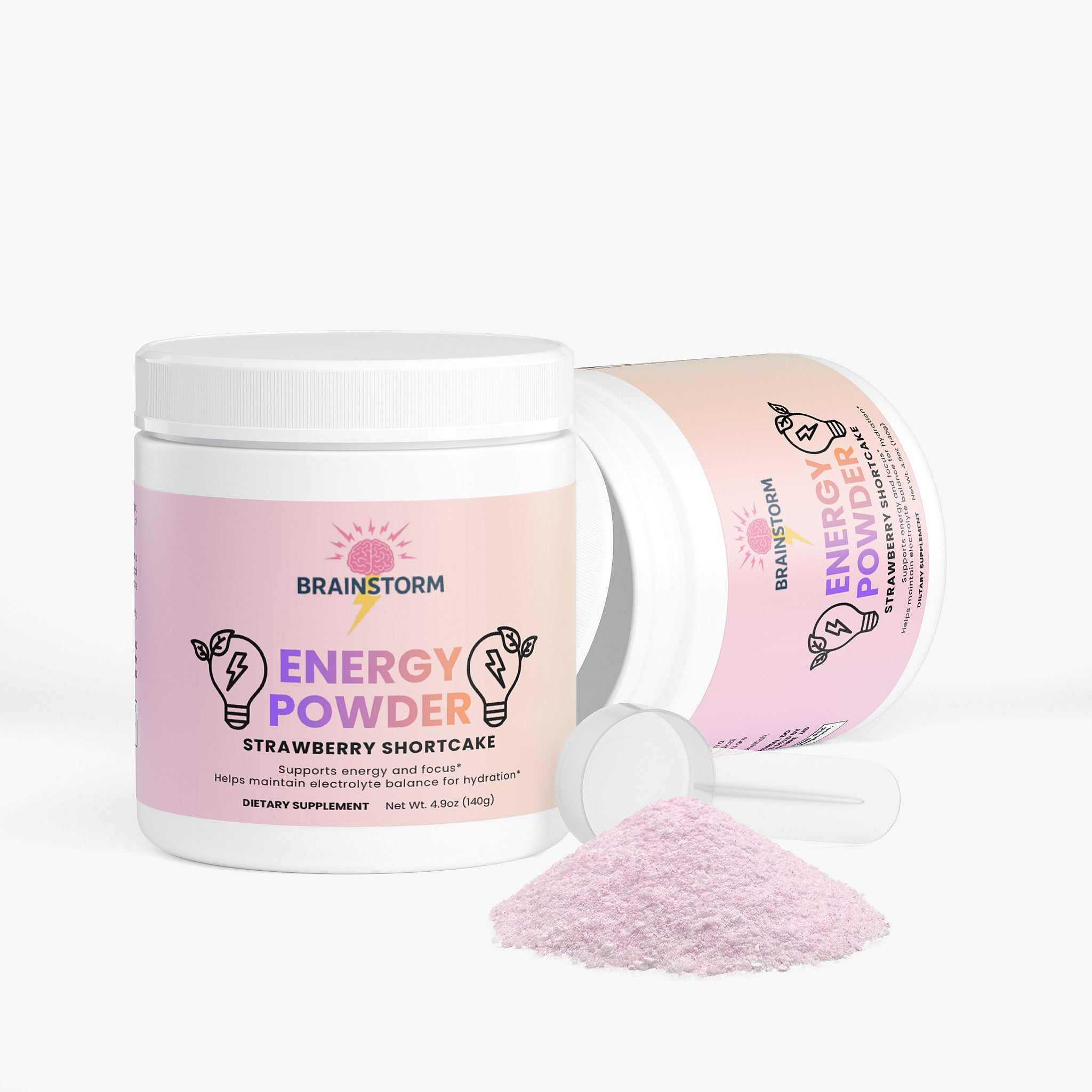 Pink energy powder container with 'Strawberry Shortcake' and 'Brainstorm' branding on a white background