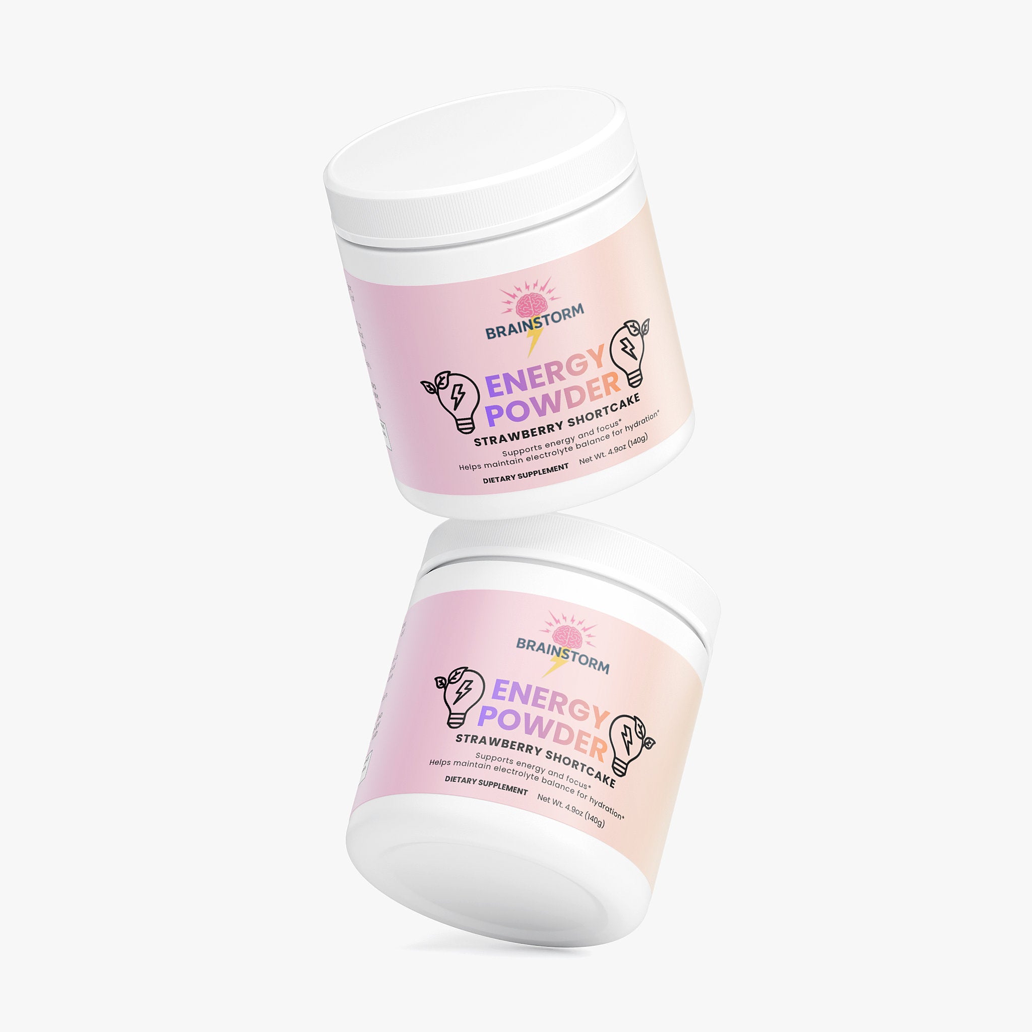 Two containers of Brainstorm Energy Powder Strawberry Shortcake Flavor stacked on top of each other on a white background