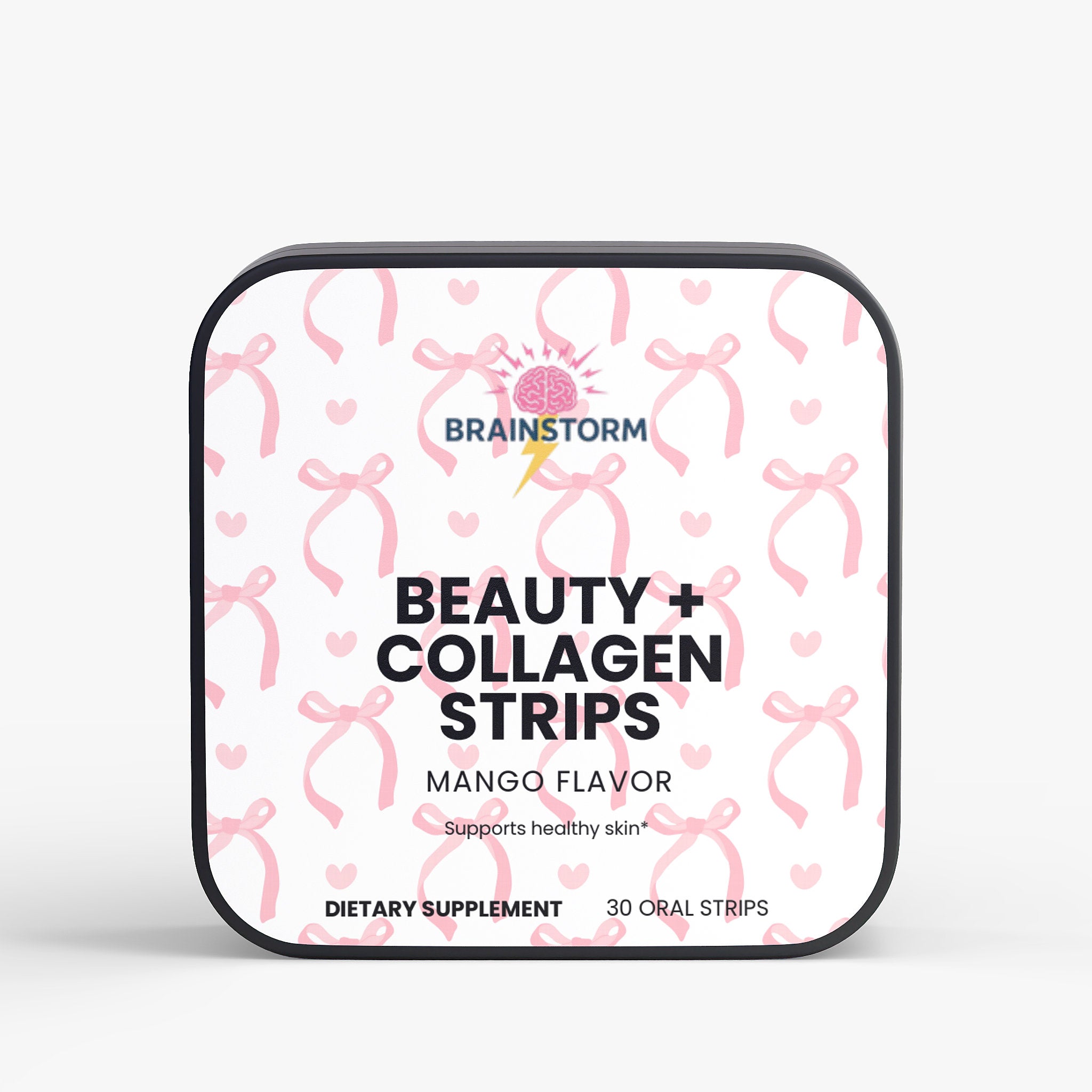 Packaging of Beauty + Collagen Strips with Mango Flavor and 'Supports healthy skin' with 'Brainstorm' branding on a white background