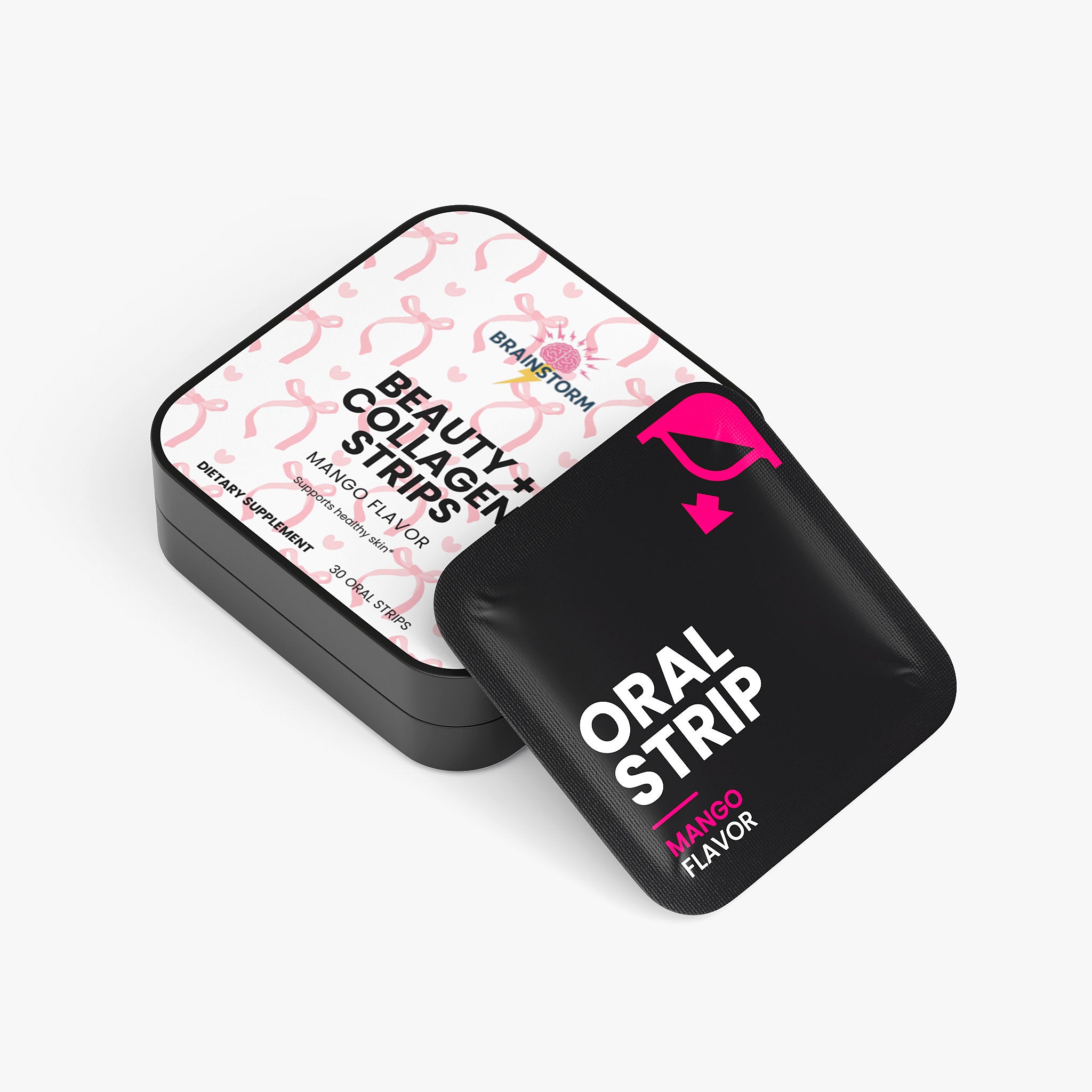 Black box on its side with 'Beauty + Collagen Strips',  'Oral Strip' and 'Mango Flavor' text on a white background