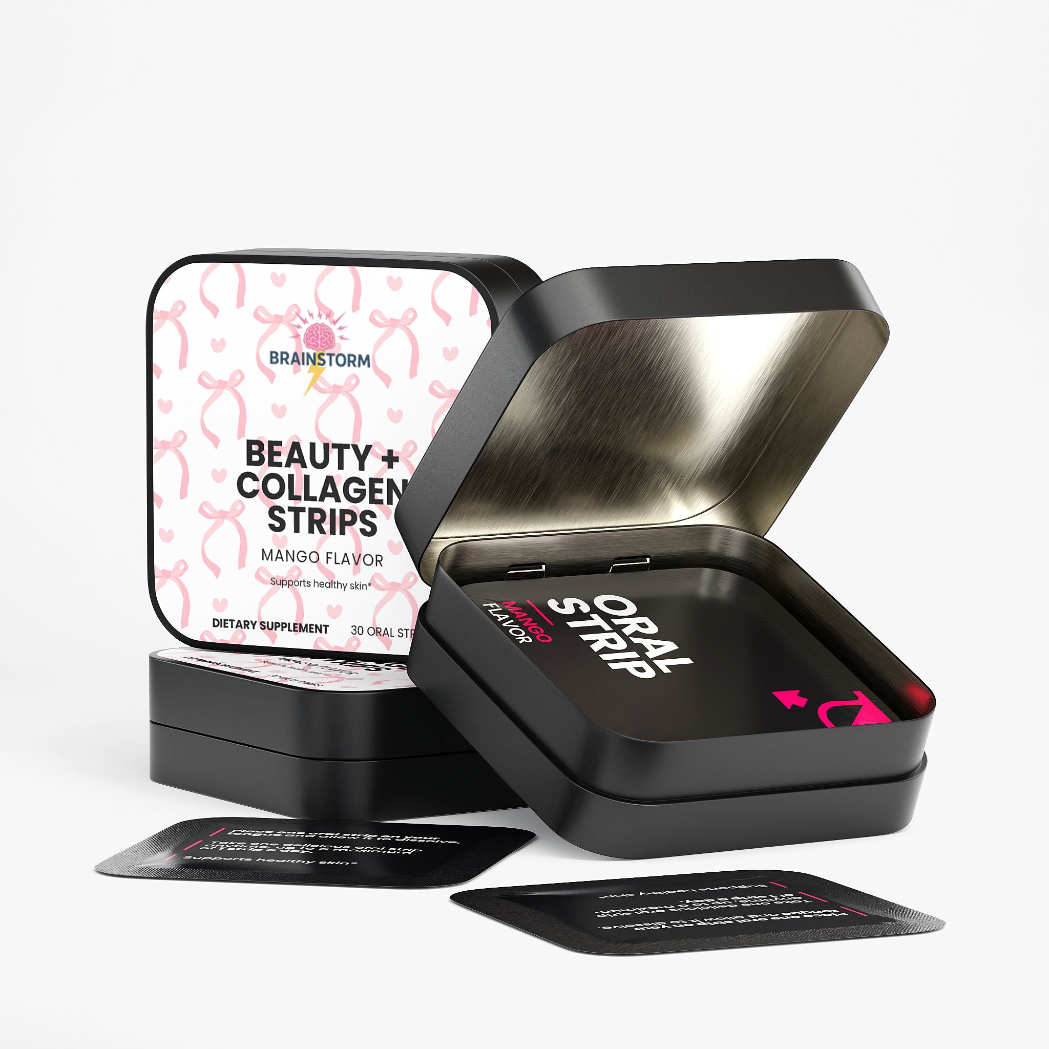 Black container with 'Oral Strip' packaging and beauty collagen strips on a white background