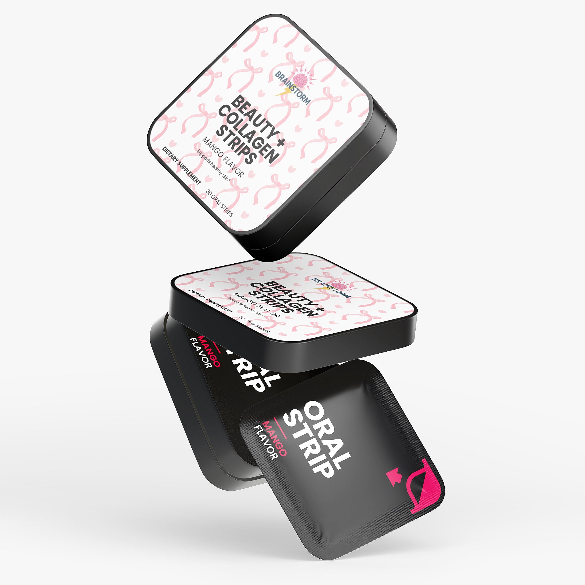 Two black containers falling ontop of each other with 'Beauty + Collagen Strips' and 'Oral Strip'  on a white background