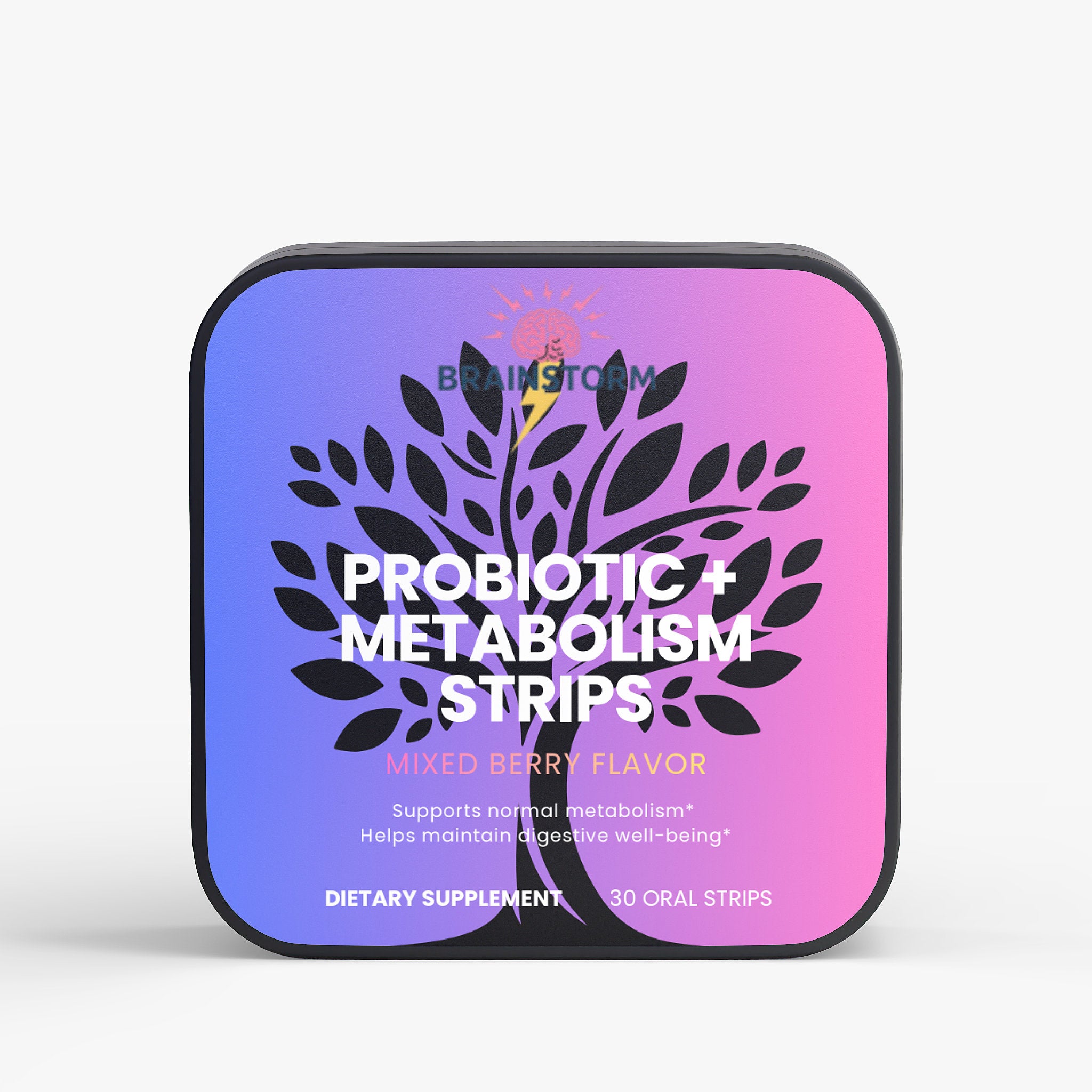 Probiotic and metabolism strips packaging with a purple and pink design and a mixed berry flavor. With a 'supports natrual metabolism' and ' helps maintain digestive well-being' on a white background